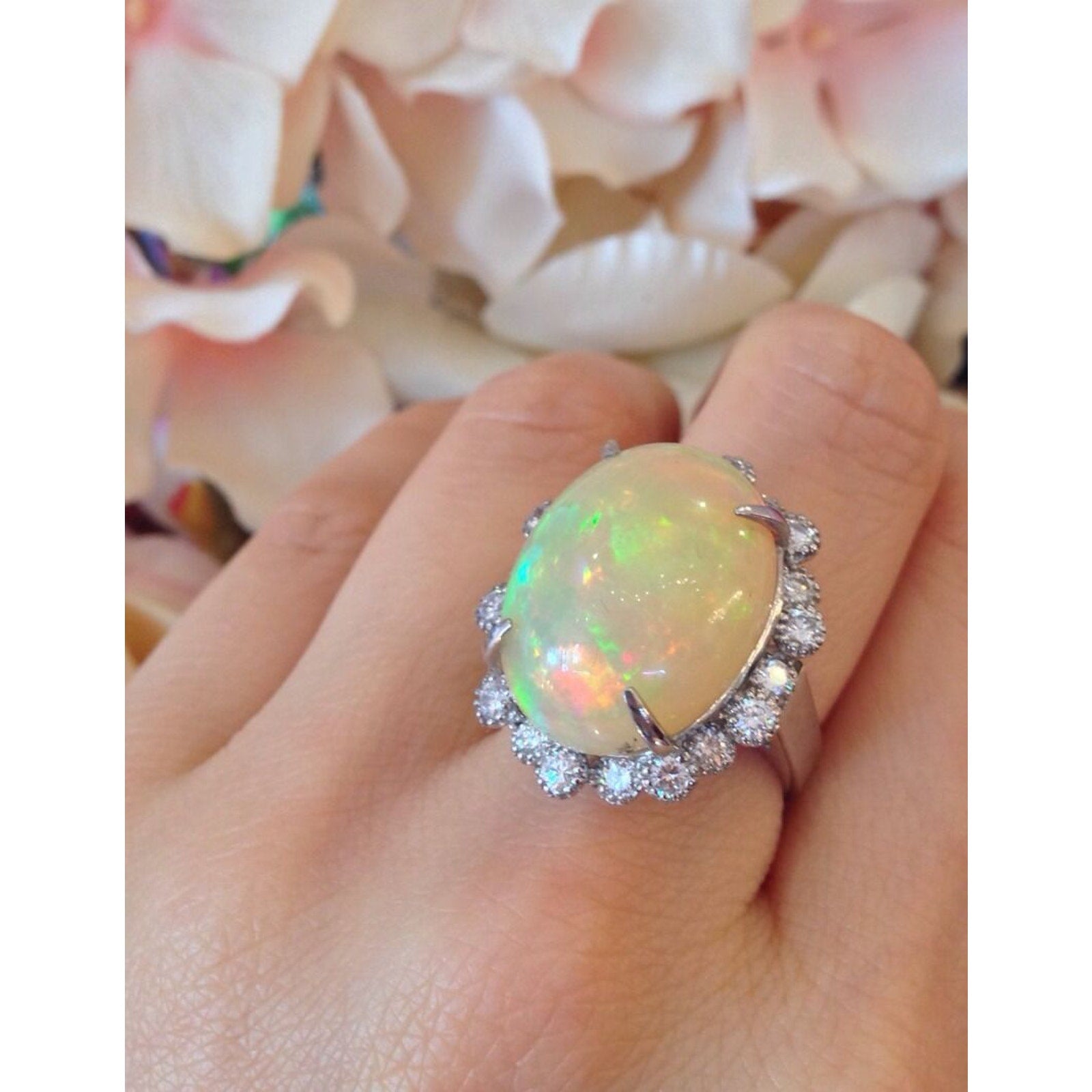 Estate 13.33 carat Natural Opal and Diamond Ring in Platinum