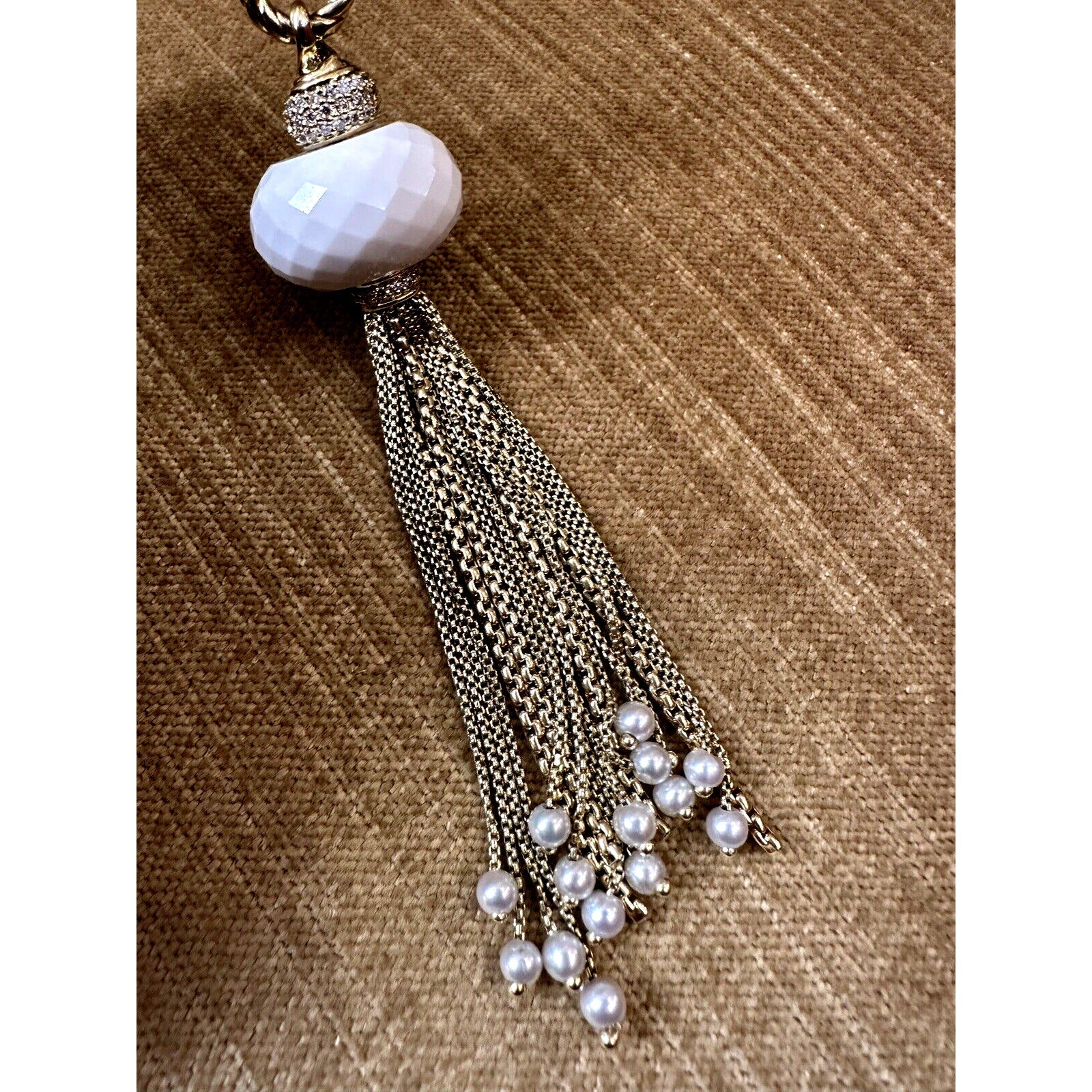 David Yurman White Onyx, Pearl & Diamond Tassel Pendant 18k Yellow Gold