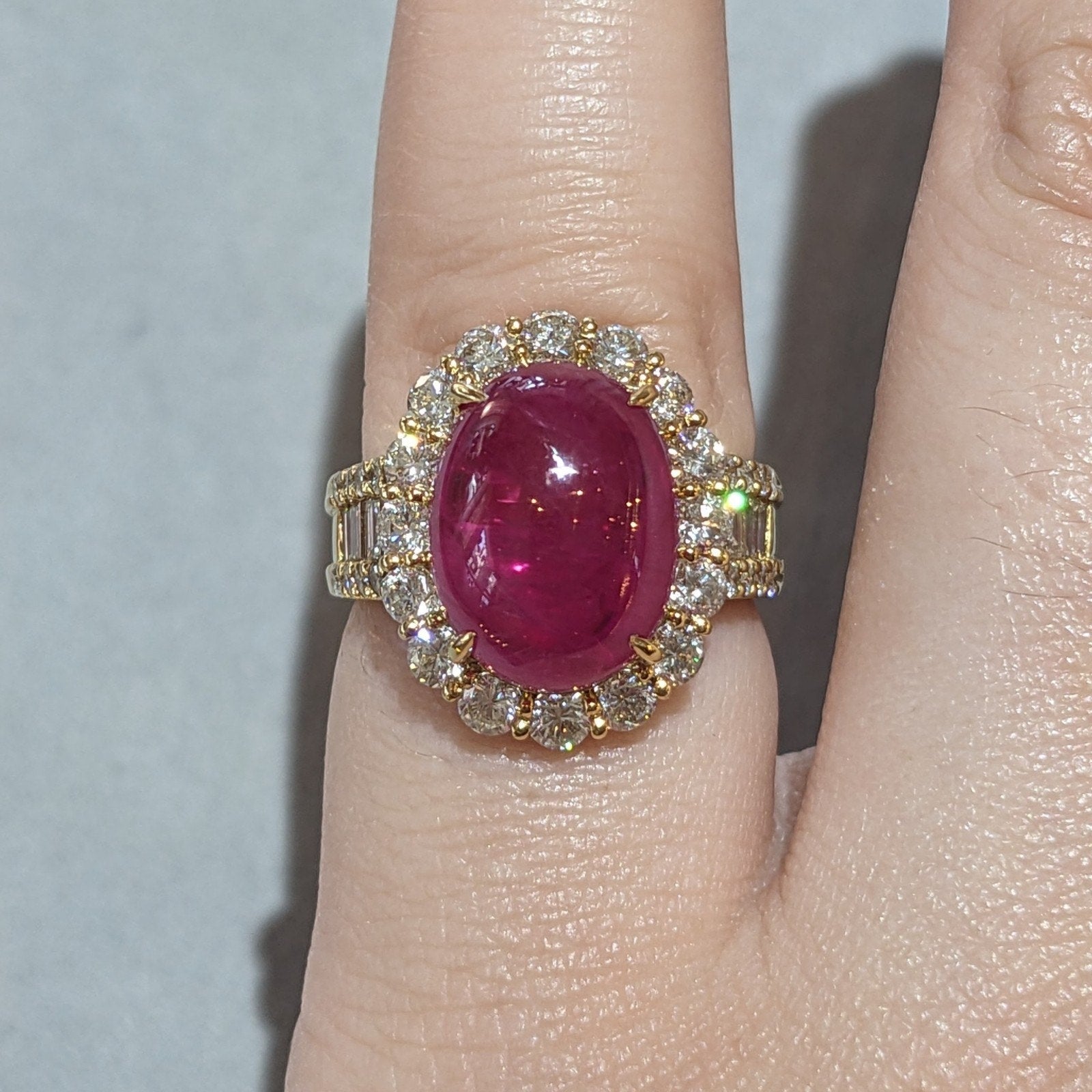 GIA Burma Cabochon Ruby 13.60 ct and Diamond Ring in 18k Yellow Gold