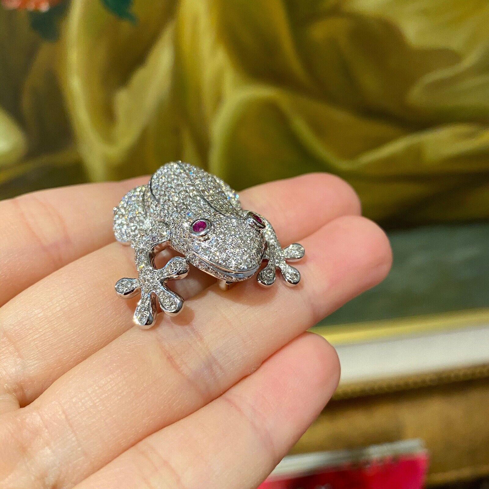 Diamond Pave Tree Frog Pin Brooch in 18k White Gold