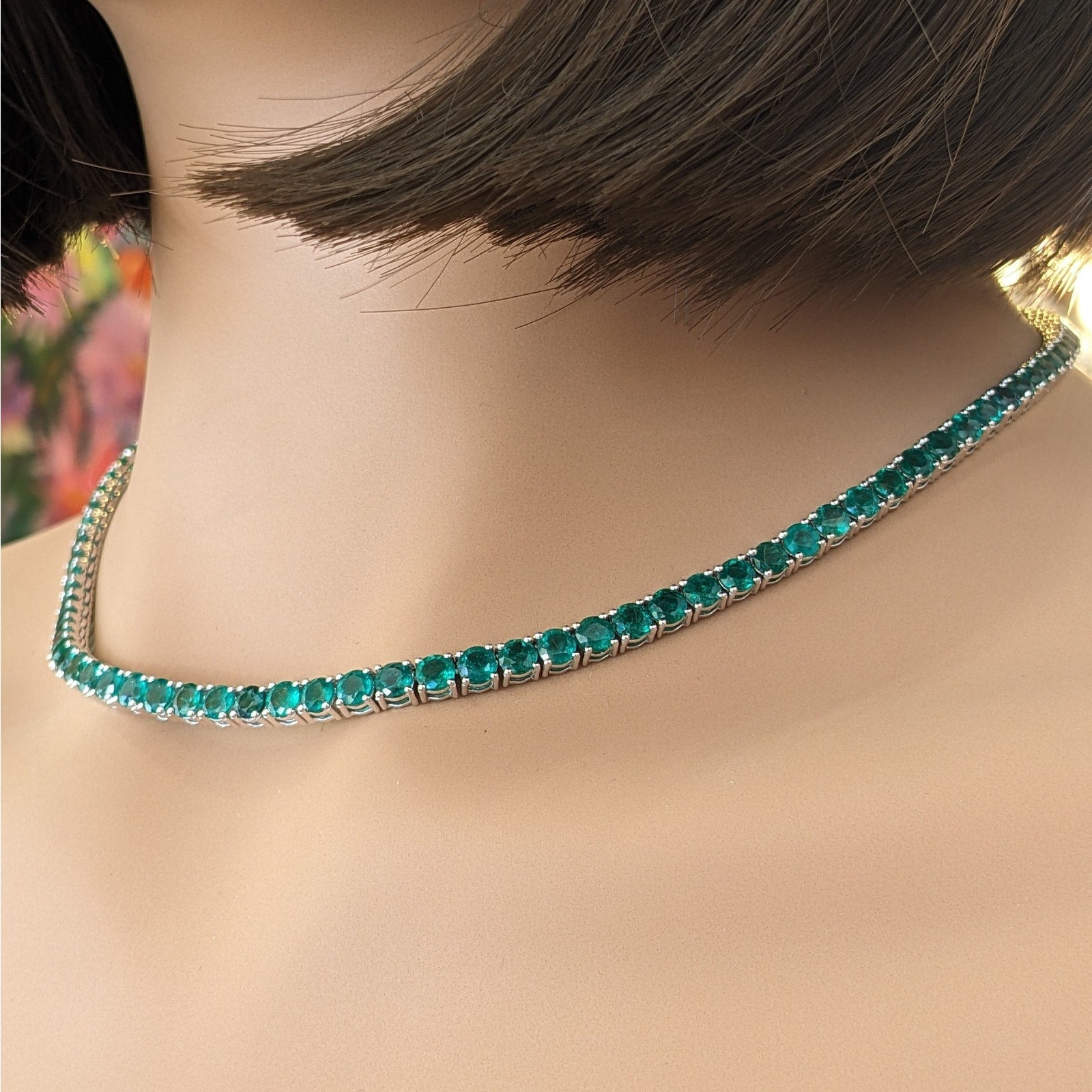 Natural Emerald Tennis Necklace in 14k White Gold 17"