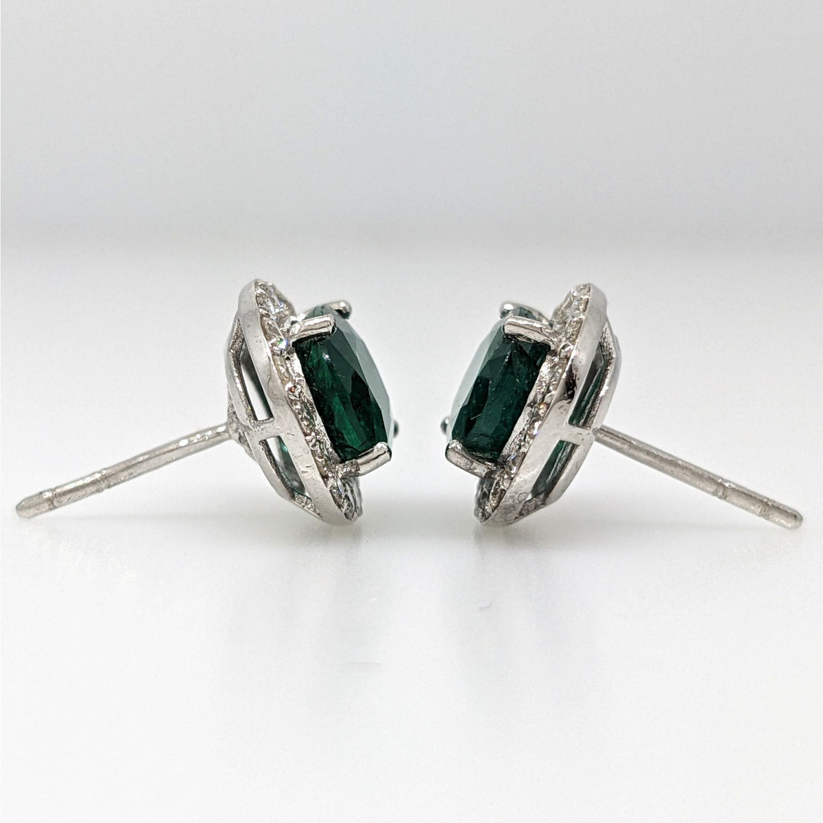 Natural Emerald Oval Stud Earrings with Diamonds in 14k White Gold