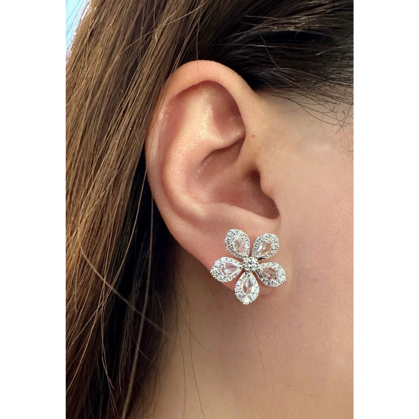 Diamond Flower Earrings with Rose Cuts 2.10 cttw in 18k White Gold