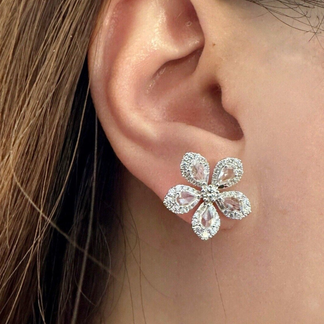 Diamond Flower Earrings with Rose Cuts 2.10 cttw in 18k White Gold