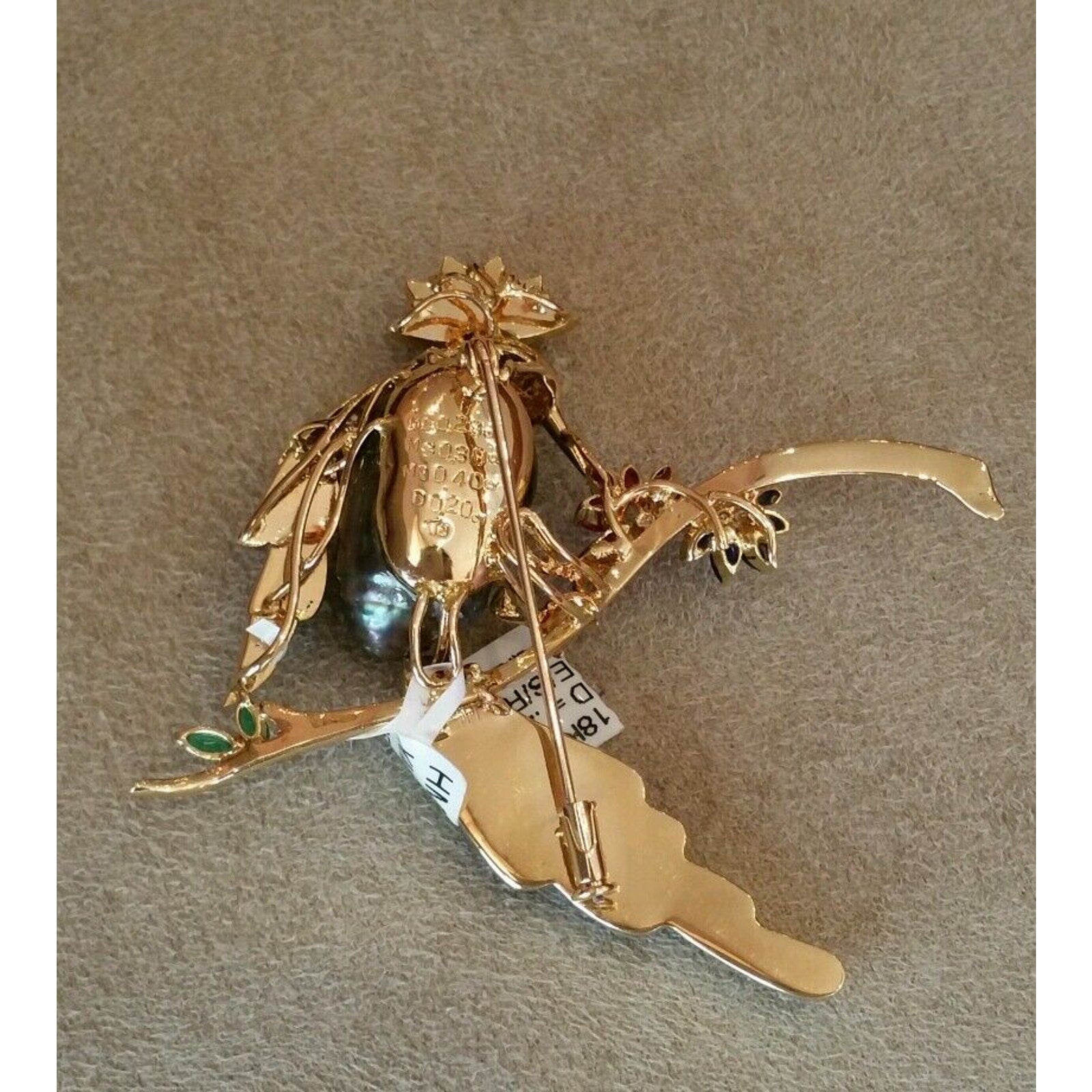 Bird Pin with Black Pearl, Diamonds and Mixed Stones in 18K Yellow Gold