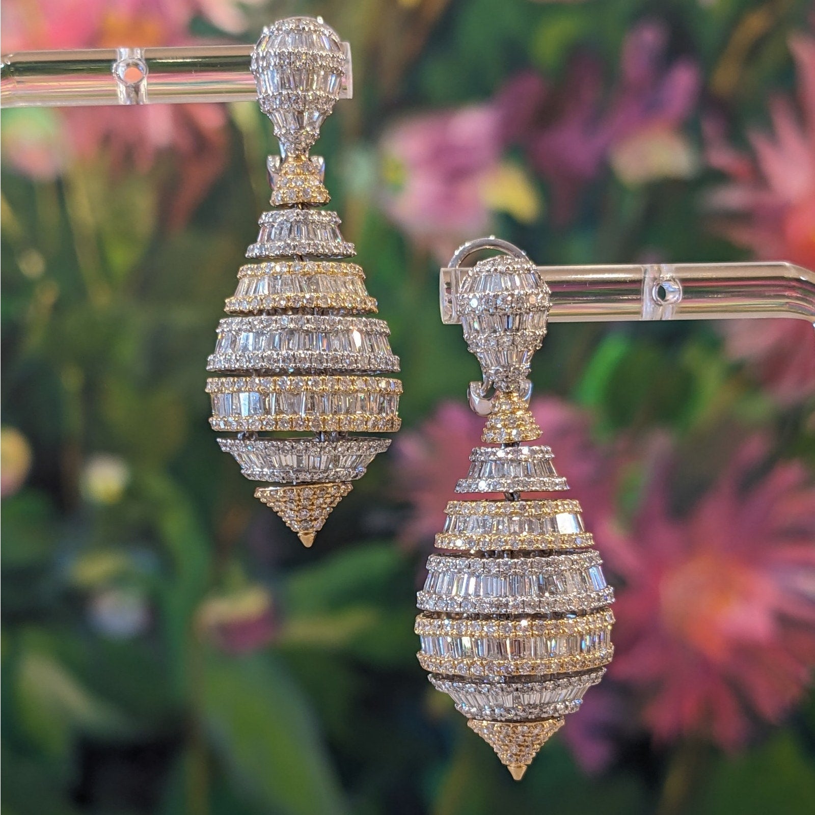 Round and Baguette Diamond Teardrop Earrings 11.00 cttw in 18k Gold
