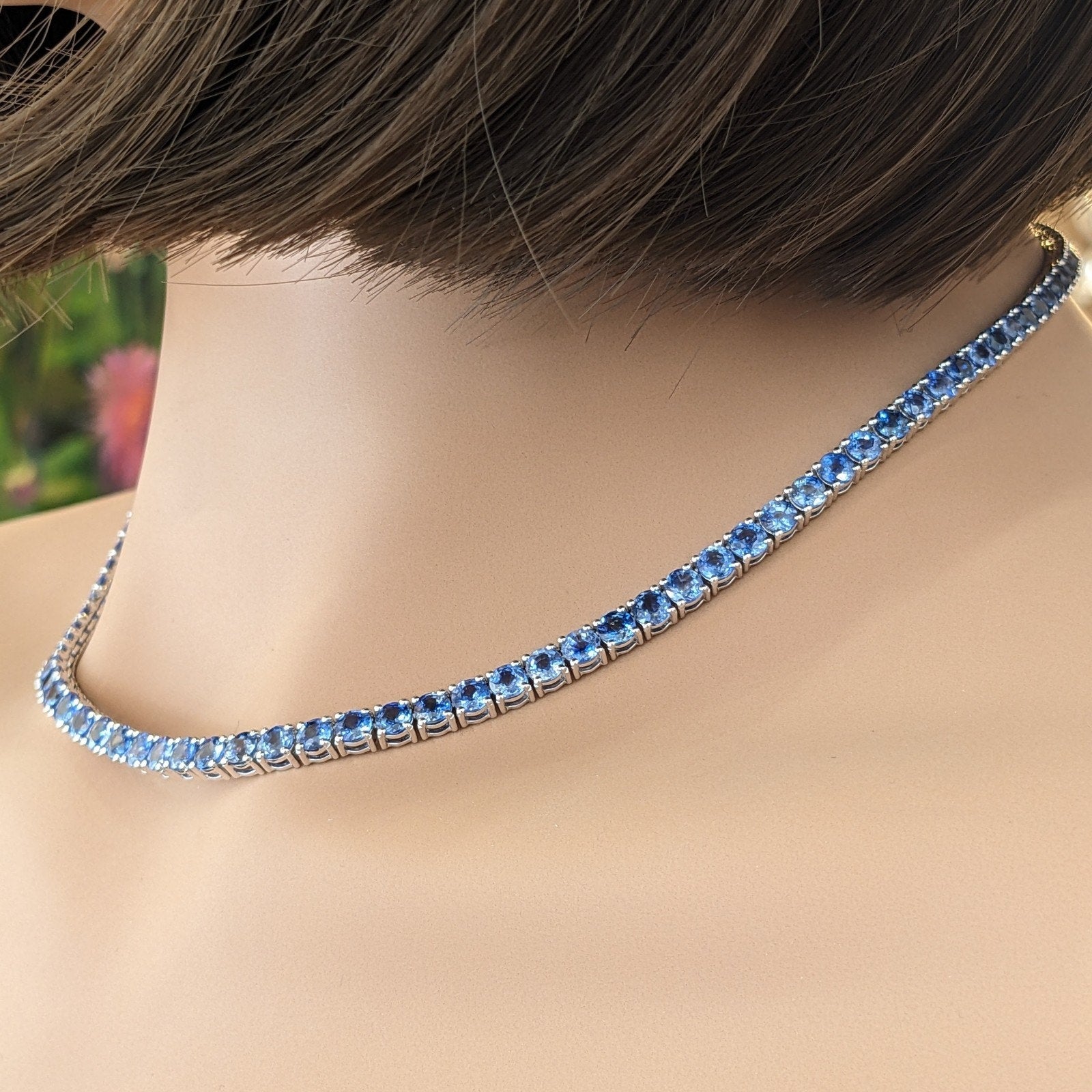 Natural Sapphire Tennis Necklace in 14k White Gold 17"