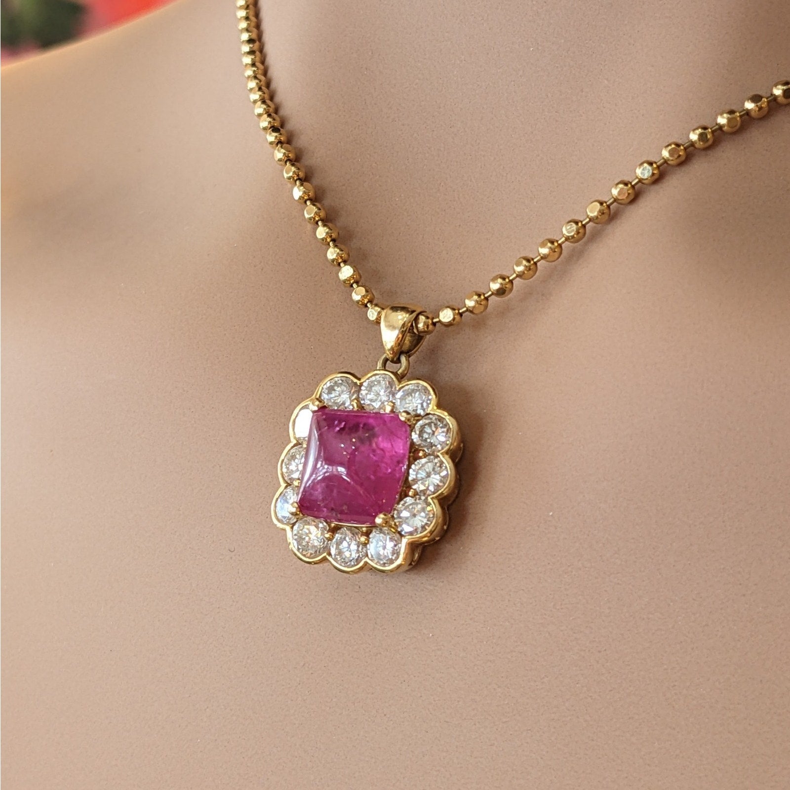 GIA 4.97 ct UnHeated Cabochon Ruby Necklace Halo Diamonds in 18k Yellow Gold