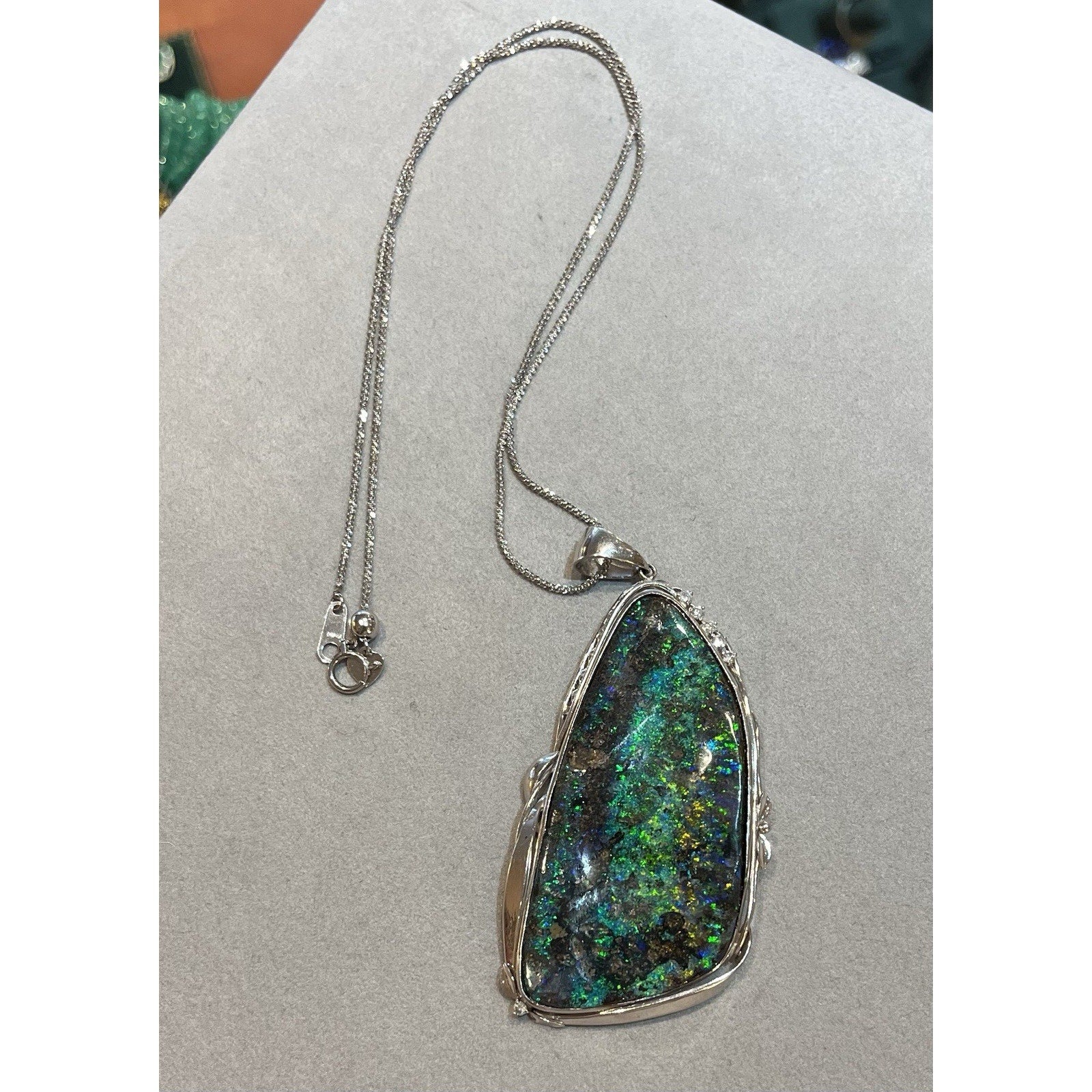 Large 72.85 ct Boulder Opal and Diamond Pendant Necklace in Platinum