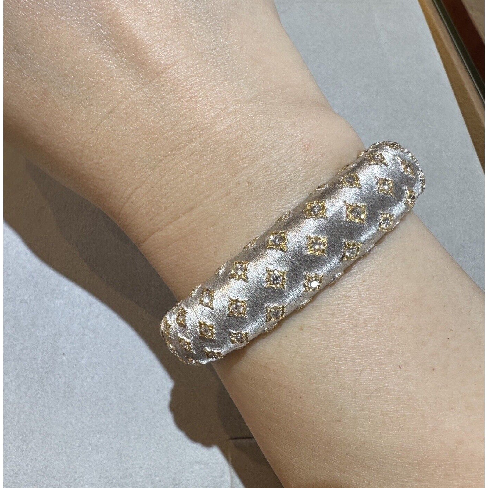 Wide Diamond Bangle Bracelet in Textured 18k White and Yellow Gold