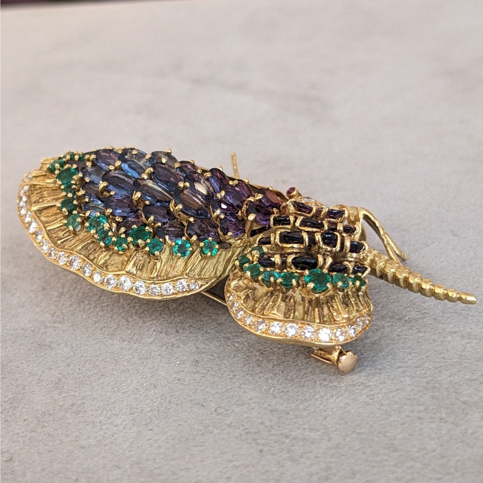 Large Sapphire, Emerald, and Diamond Butterfly Pin in 18k Yellow Gold