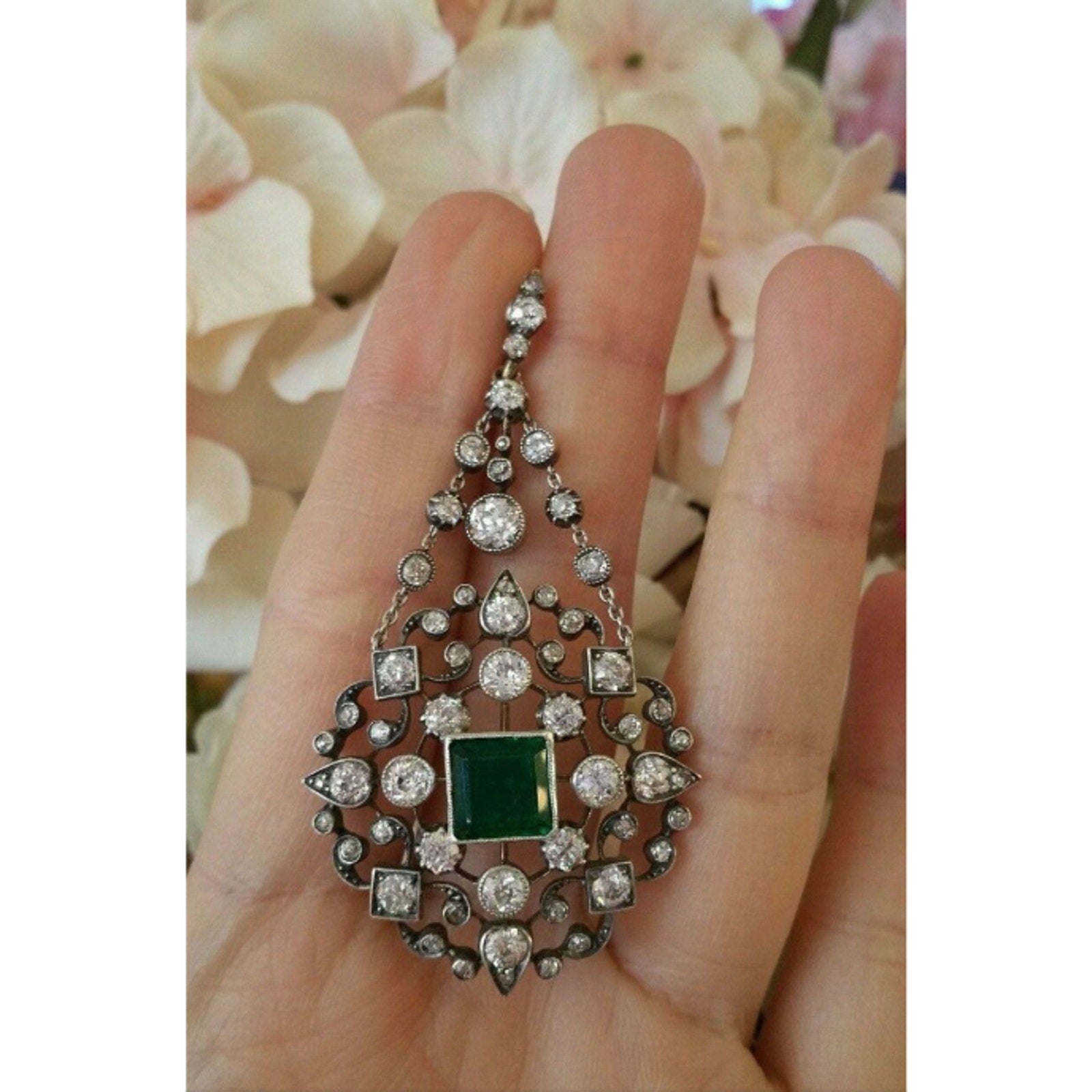 Vintage Diamond Pendant with Emerald Center 6.31 carat total weight 18k with Silver Top