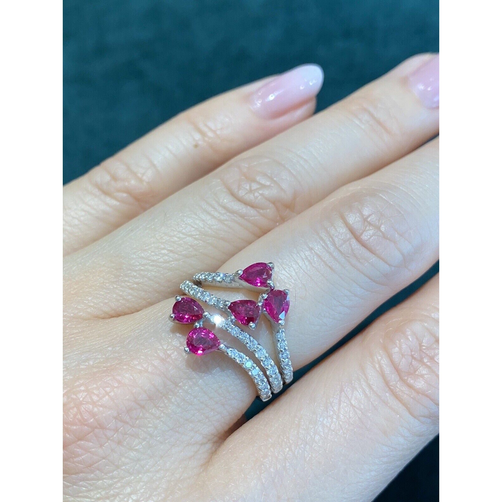 Ruby and Diamond Cluster Ring with Pear Shaped Rubies in Platinum