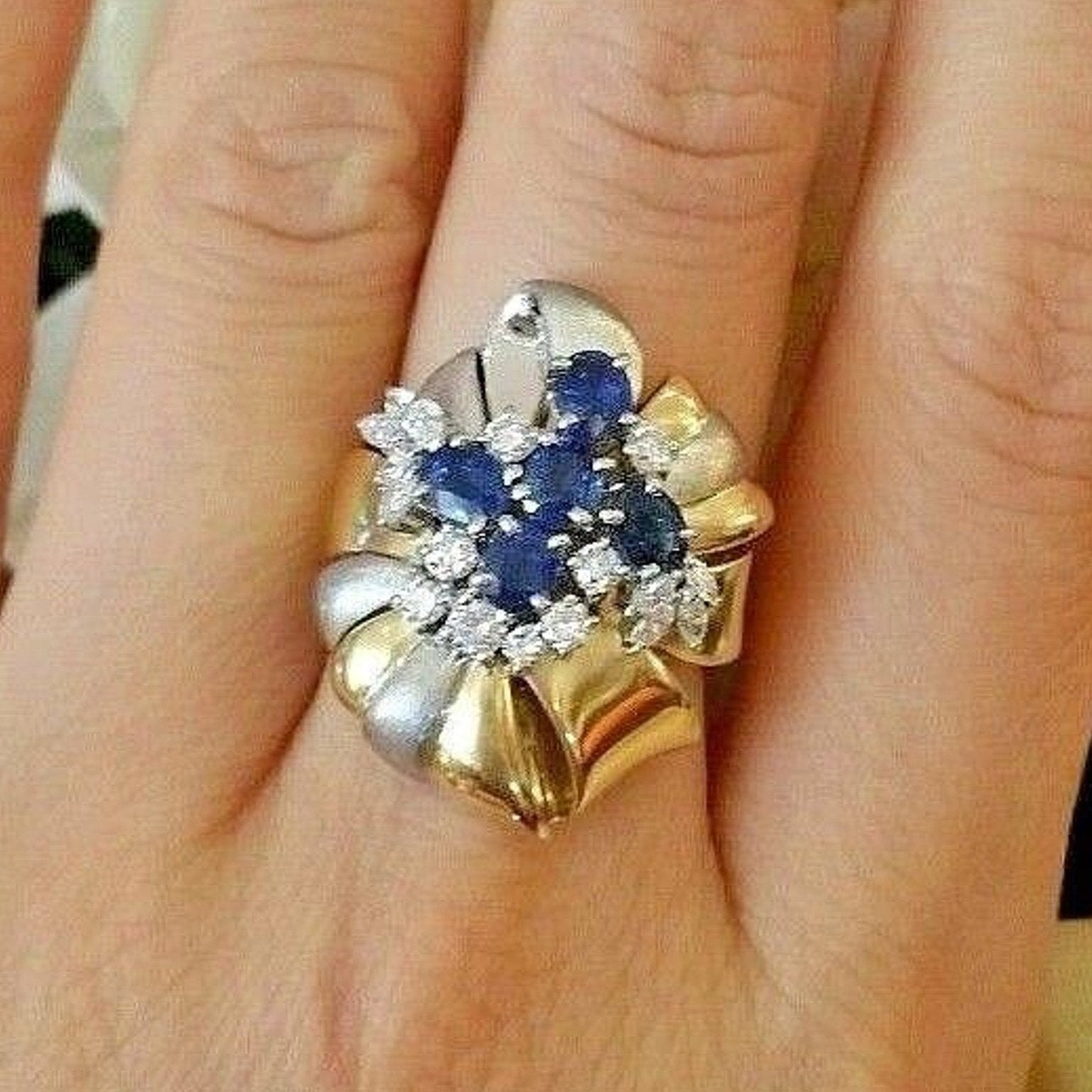 Natural Sapphire and Diamond Cluster Ring in Platinum & 18k Yellow Gold