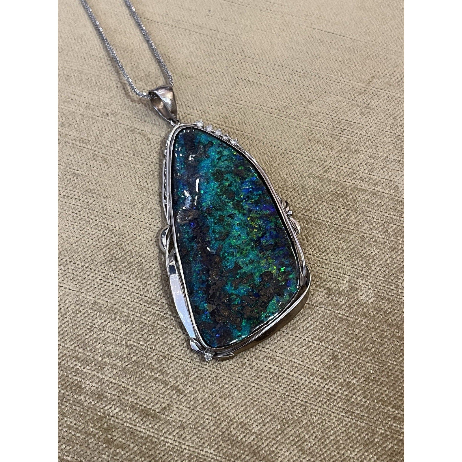 Large 72.85 ct Boulder Opal and Diamond Pendant Necklace in Platinum