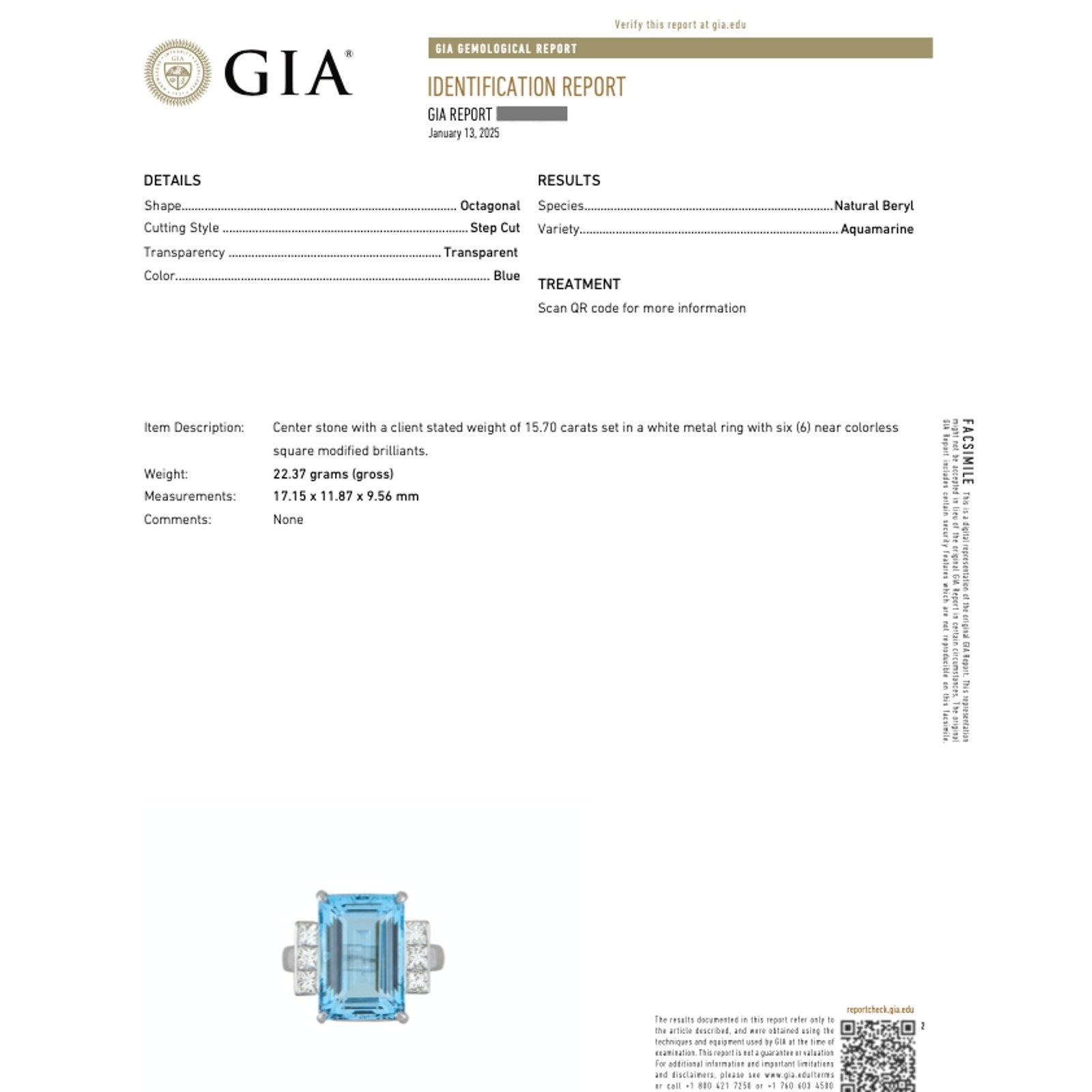 GIA 15.70 ct Aquamarine and Diamond Ring in Platinum