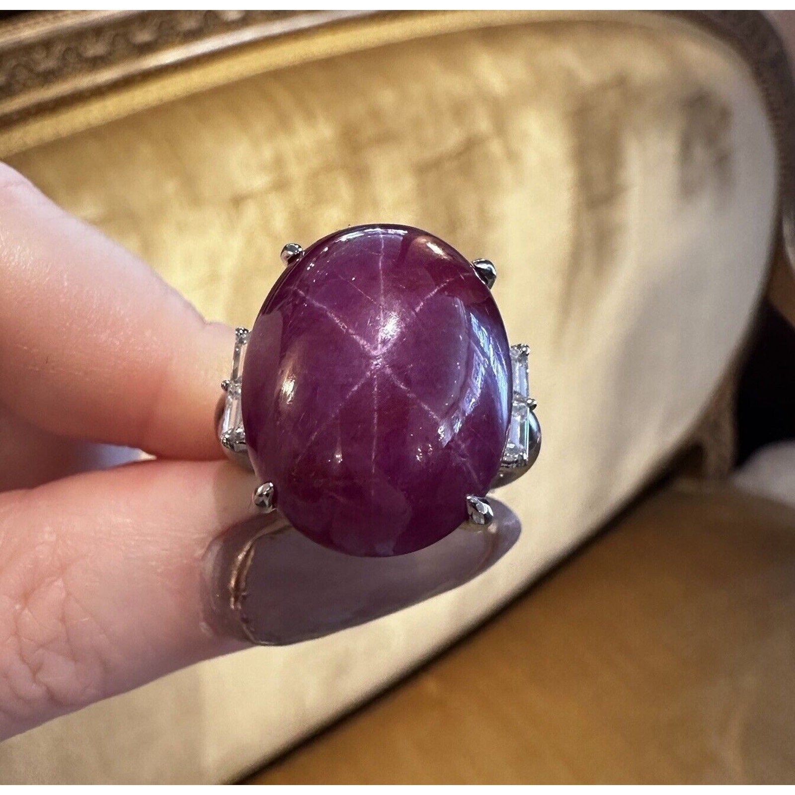 Natural 34.75 ct Star Ruby Cabochon and Diamond Ring in Platinum