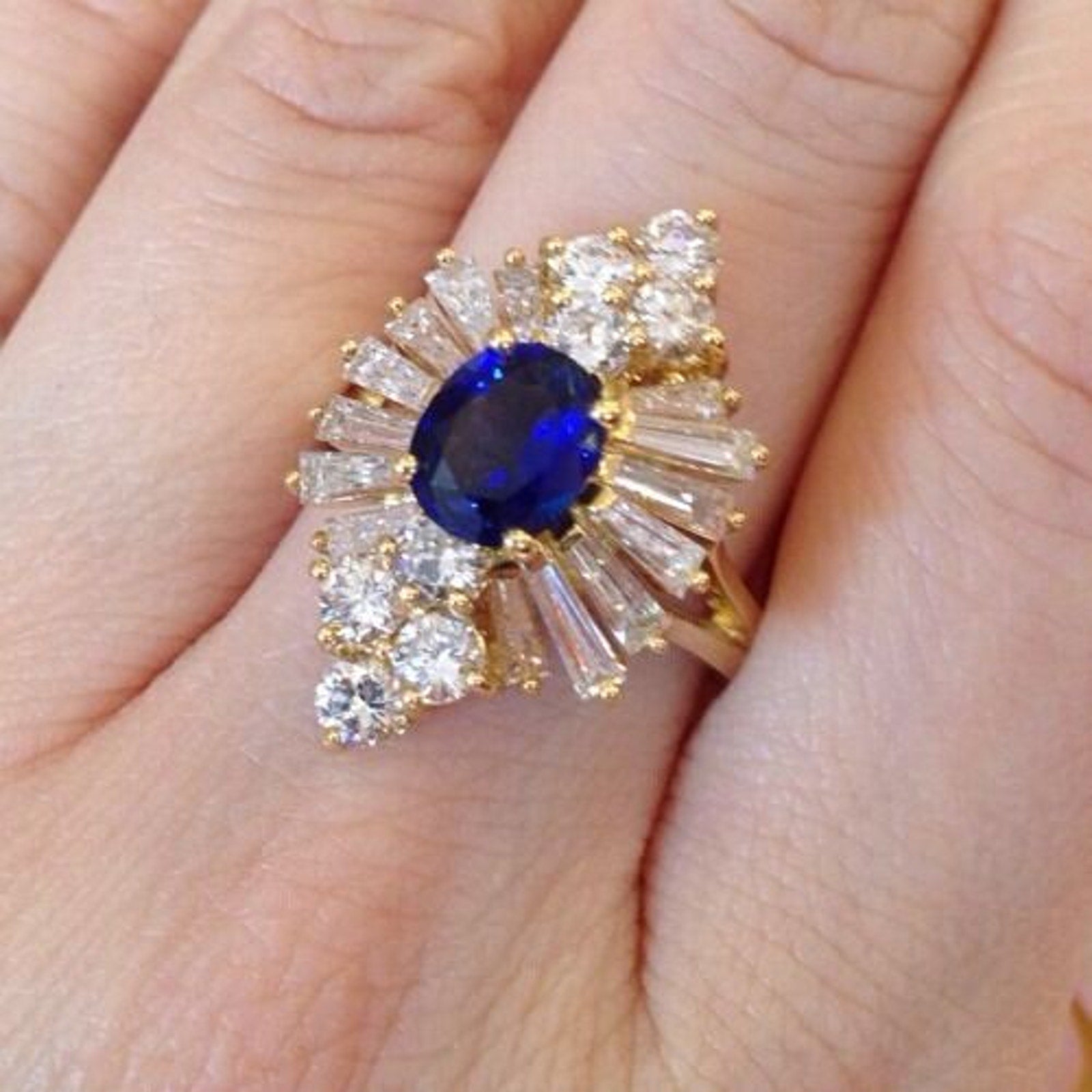 Sapphire and Diamond Ring with Baguettes and Rounds in 18k Yellow Gold