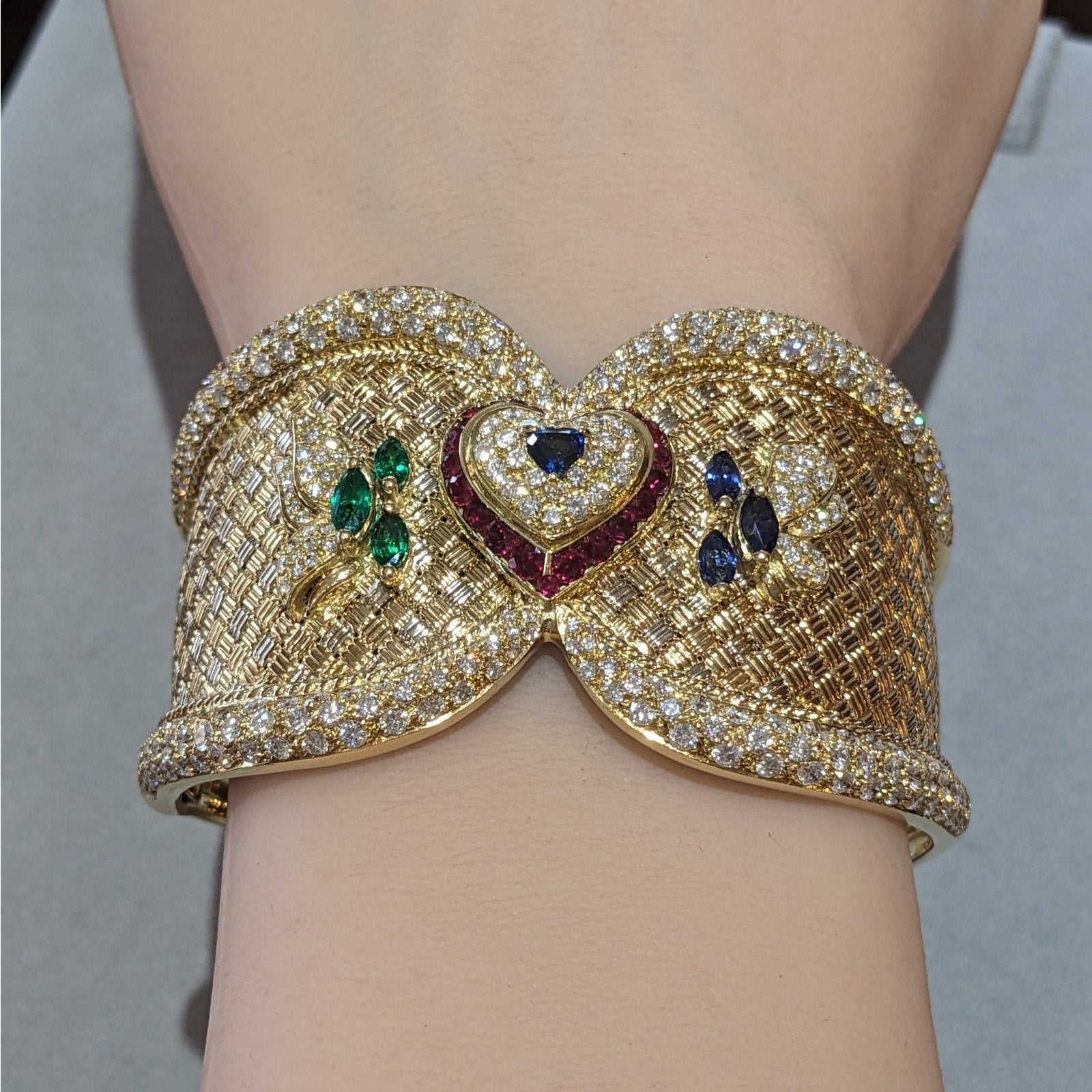 Ruby, Emerald, Sapphire and Diamond Cuff Bracelet in 18k Gold