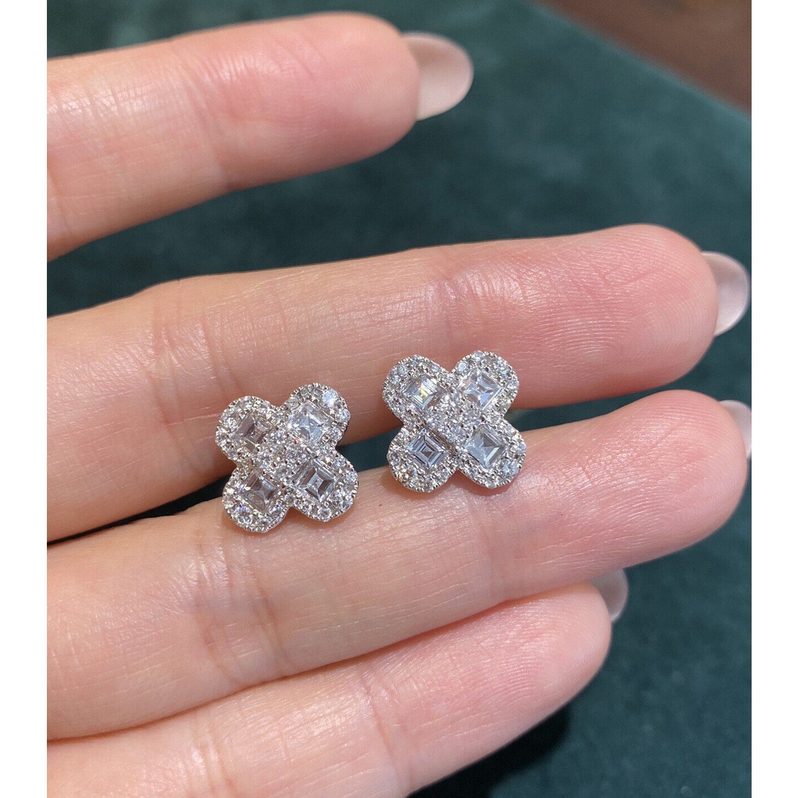 Diamond Clover Flower Earrings 2 cttw in 18k White Gold