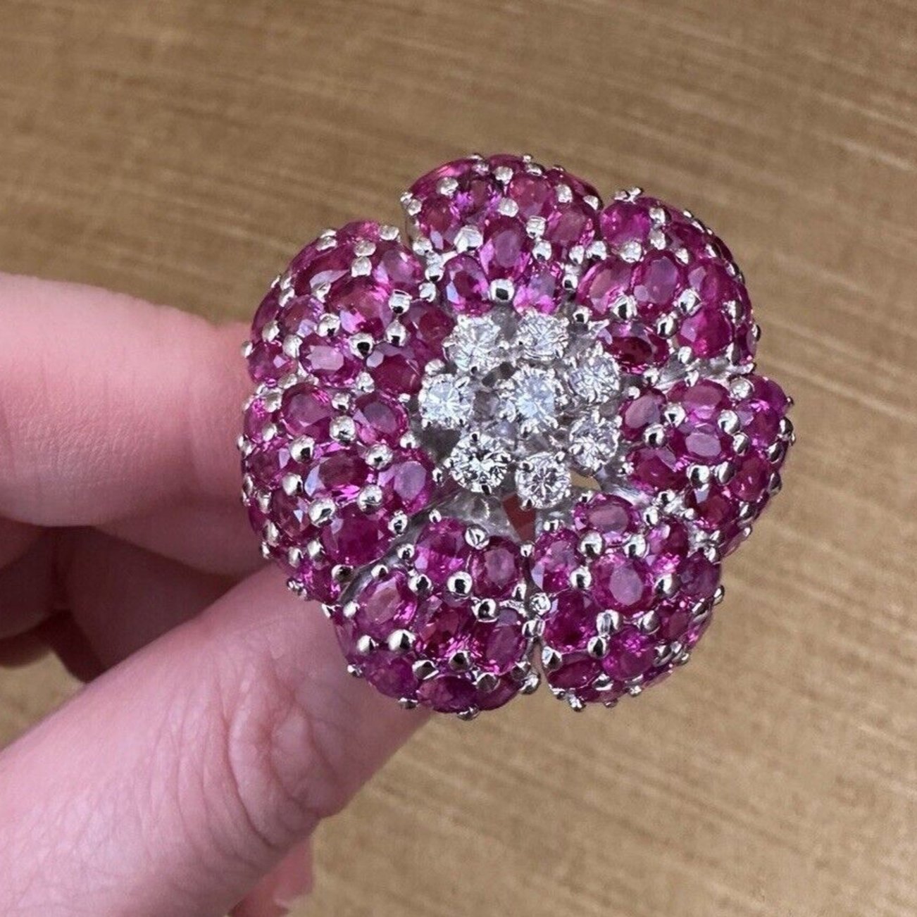 Large Ruby and Diamond Flower Cocktail Ring in 18k White Gold