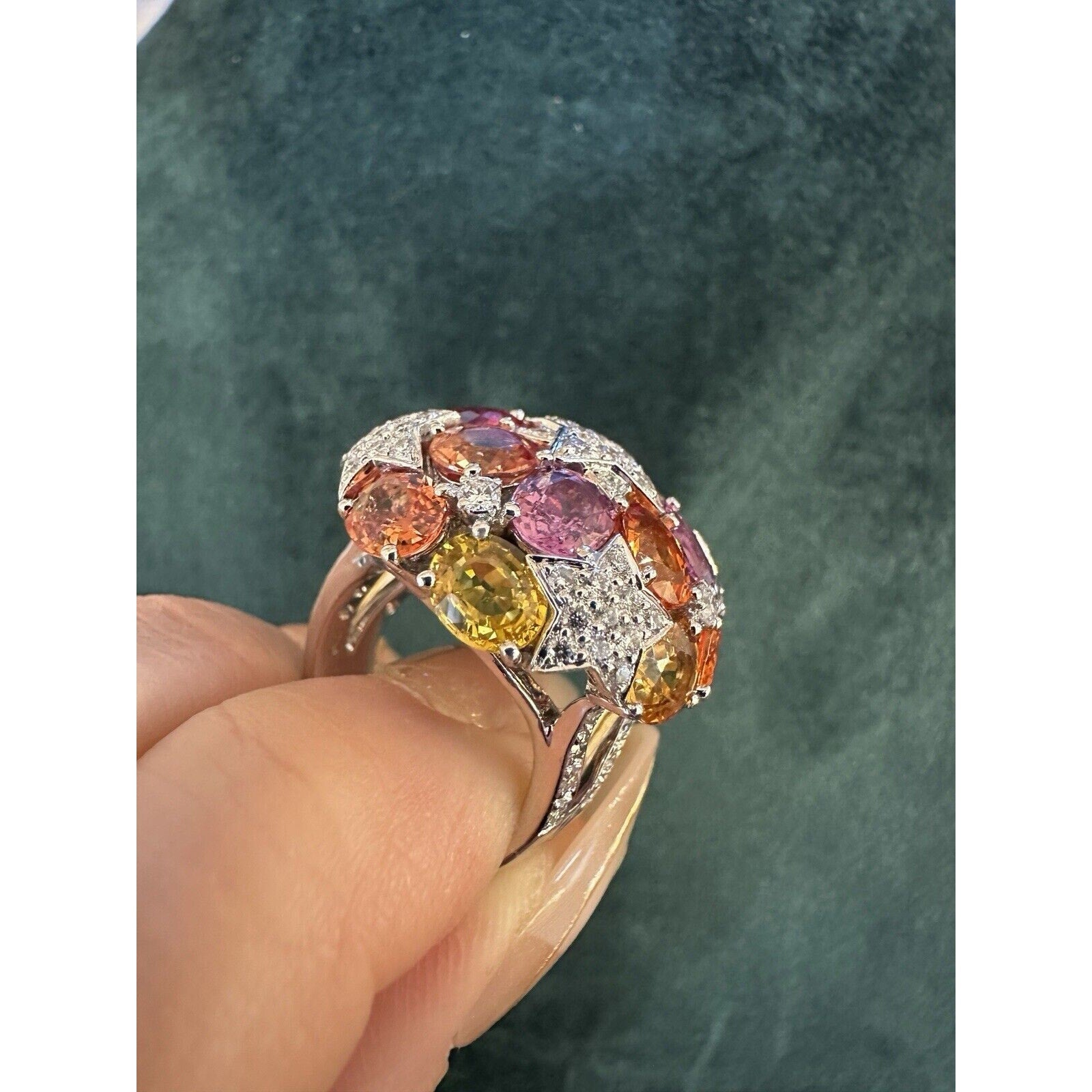 Multicolor Sapphire and Diamond Star Dome Ring in 18k White Gold