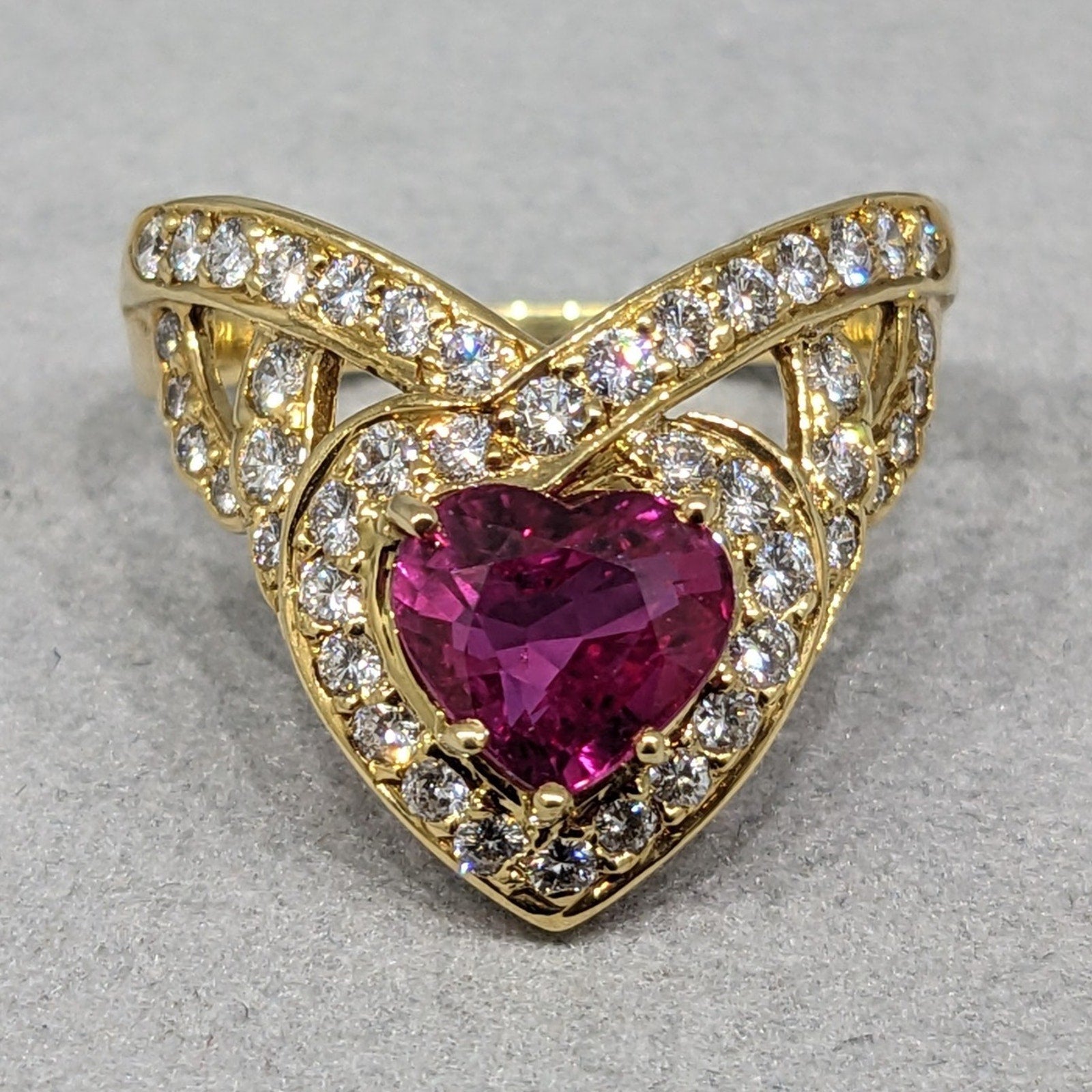 Natural 1.40 ct Heart-shaped Ruby and Diamond Ring in 18k Yellow Gold