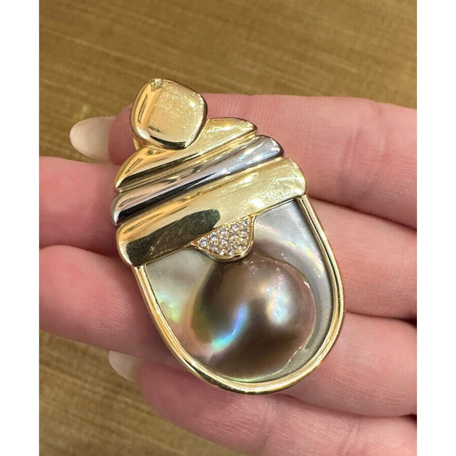 Susan Sadler Large Pearl and Diamond Pendant in 18k White & Yellow Gold