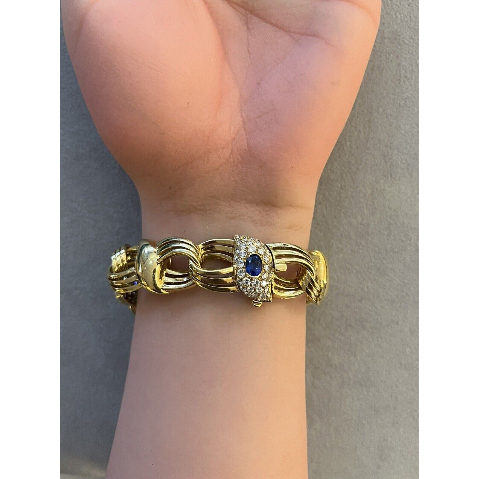 Wide Natural Sapphire and Diamond Link Bracelet in 18k Yellow Gold