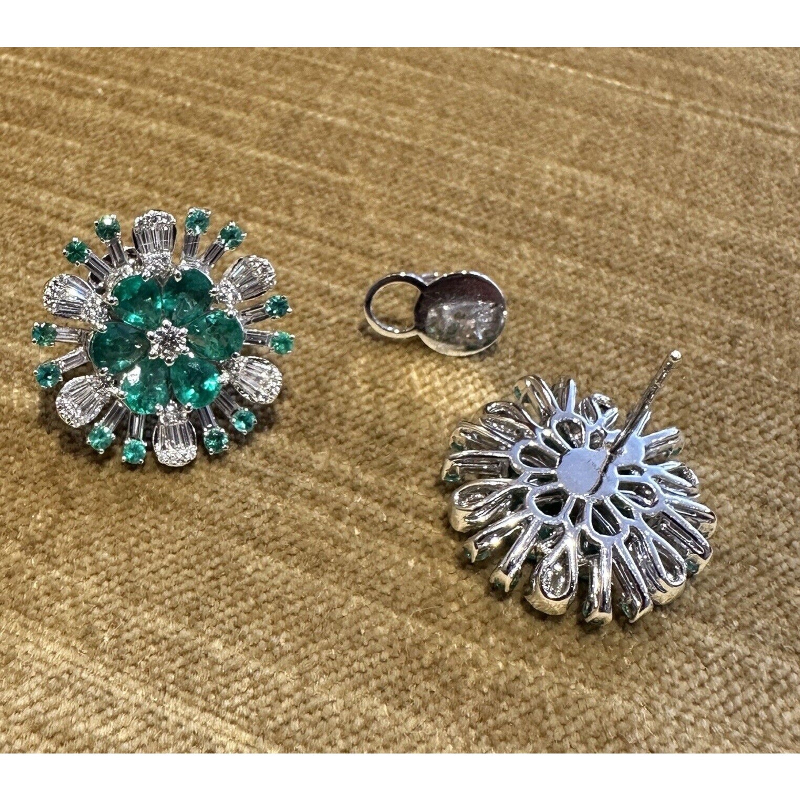 Emerald and Diamond Starburst Earrings in 18k White Gold