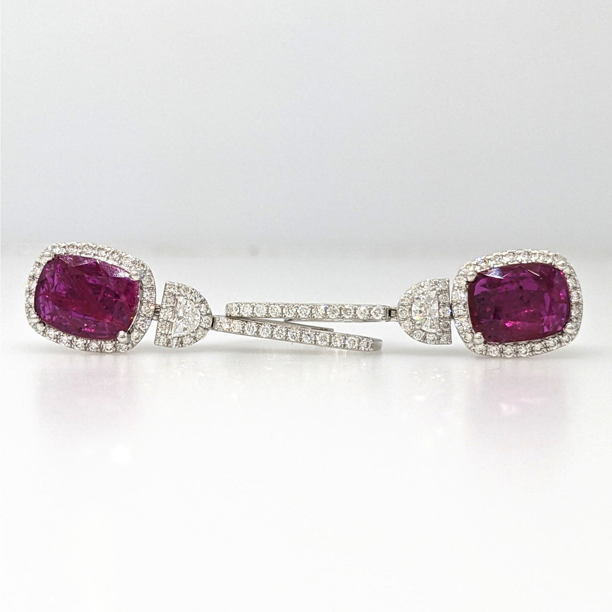 GIA Unheated Cushion Ruby & Diamond Drop Earrings in 18k White Gold