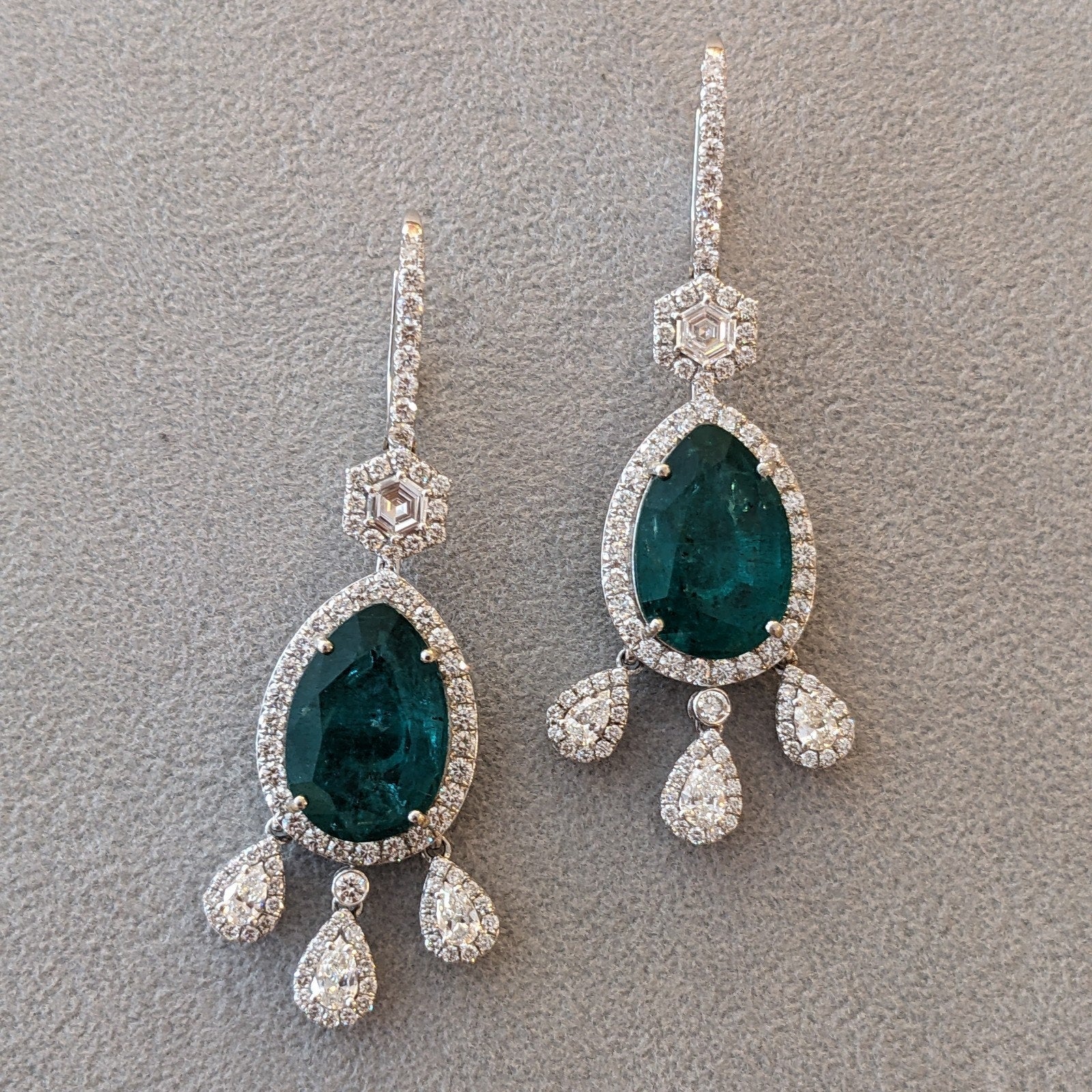 Large Pear Emerald Drop Earrings with Diamonds in 18k White Gold