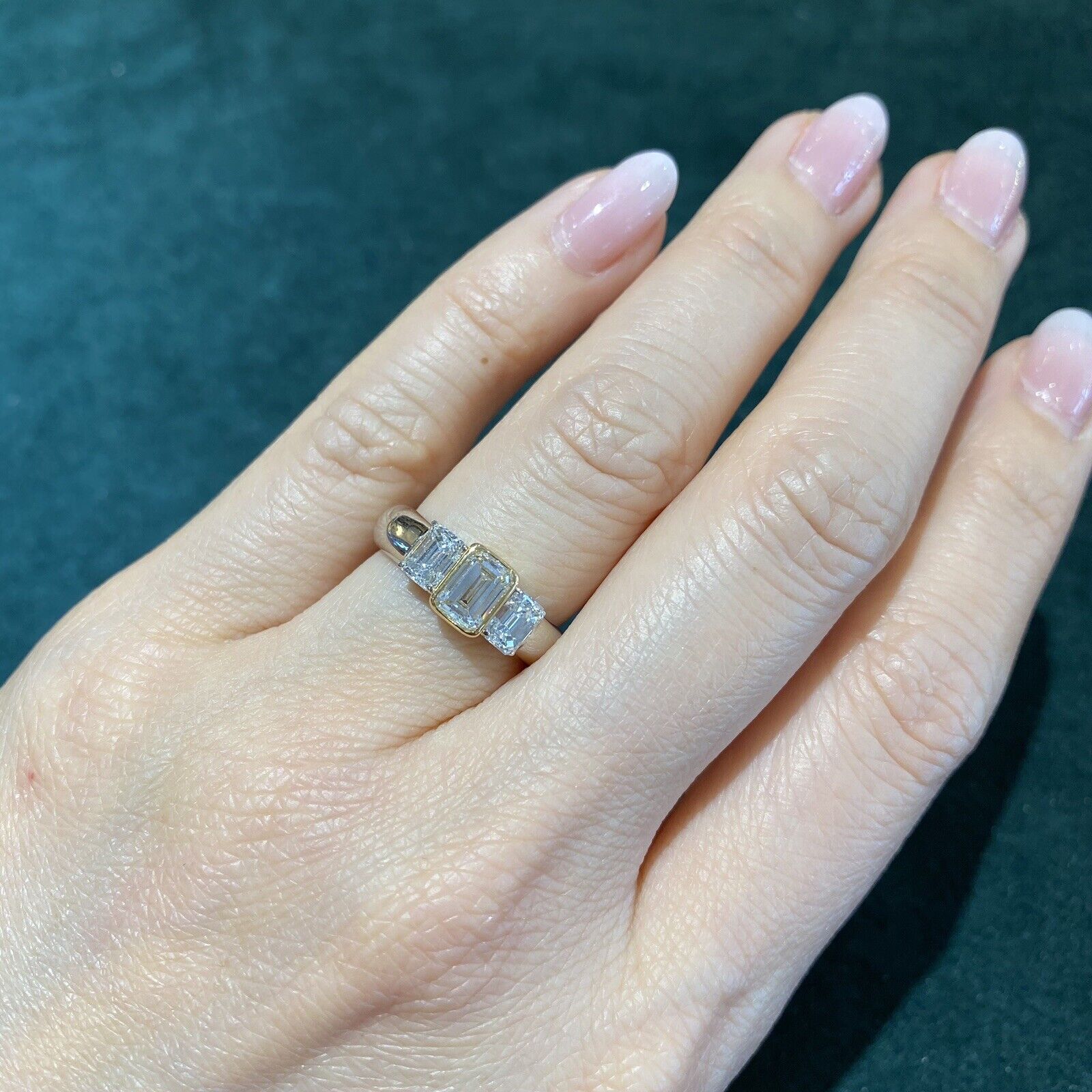 Three Stone Emerald Cut Diamond Ring in Platinum /18k Yellow Gold
