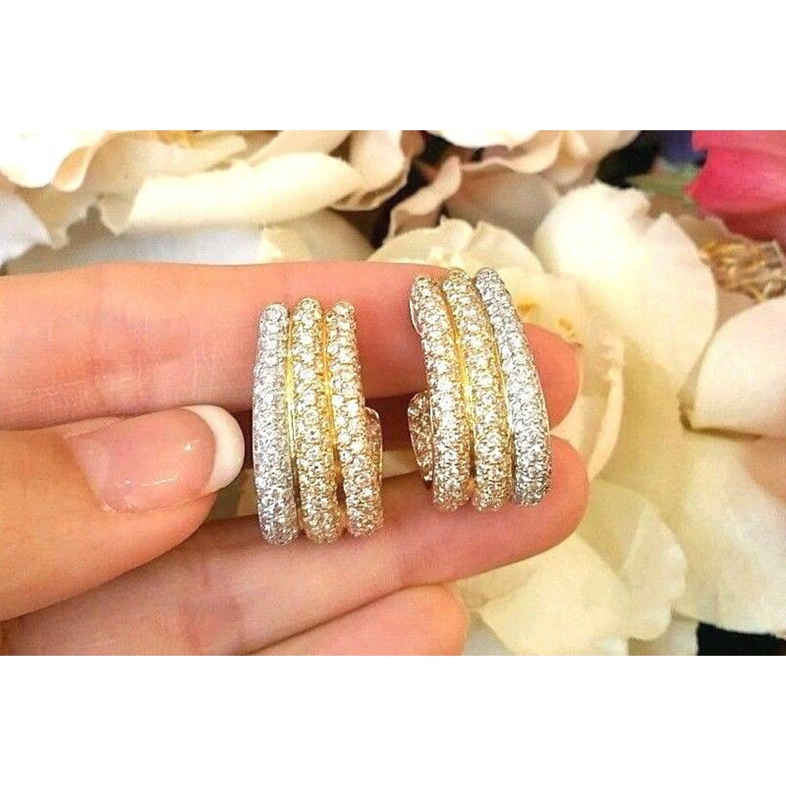 3 Row Diamond Pave Hoop Earrings 5.42 cttw-18k Tricolor Gold