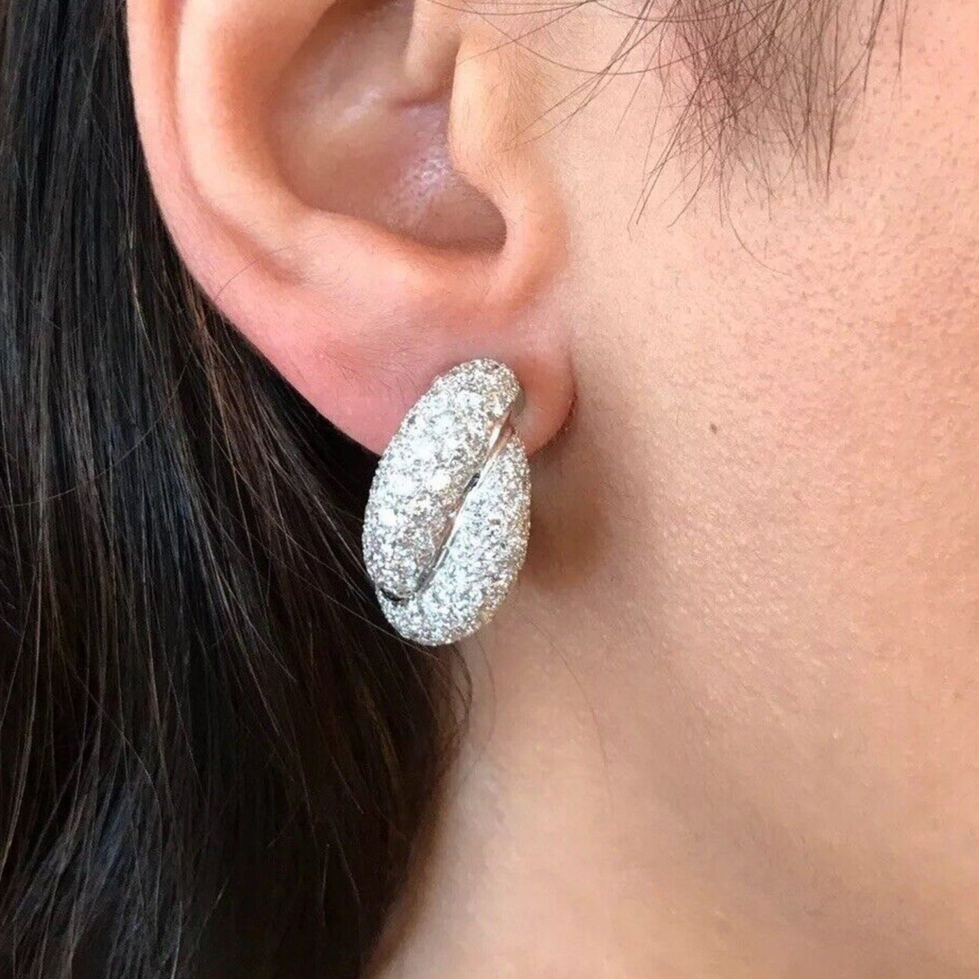 French Pave Diamond Twist Earrings 4.48 ct in 18k White Gold