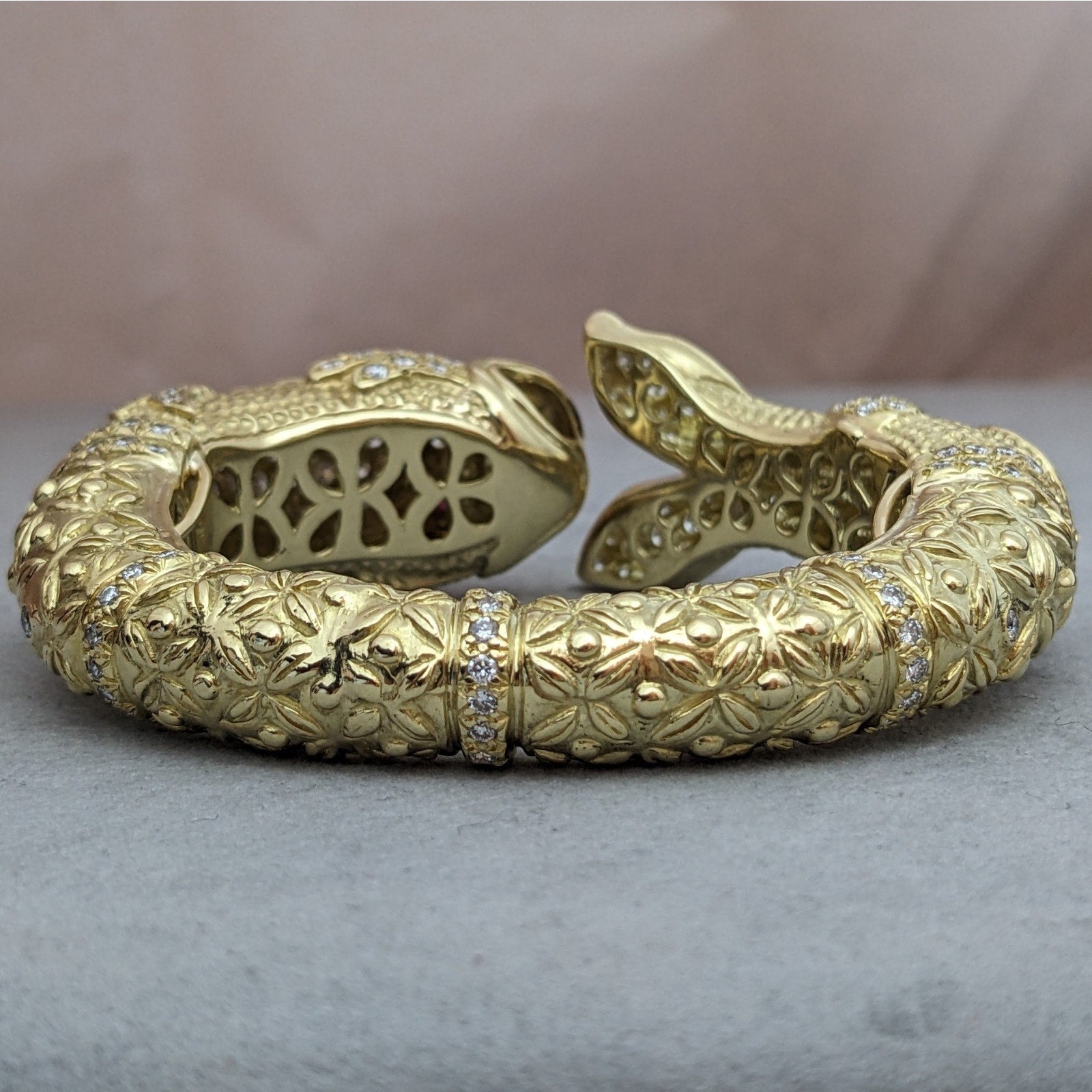Heavy Diamond Hinged Fish Cuff Bracelet in Textured 18k Yellow Gold