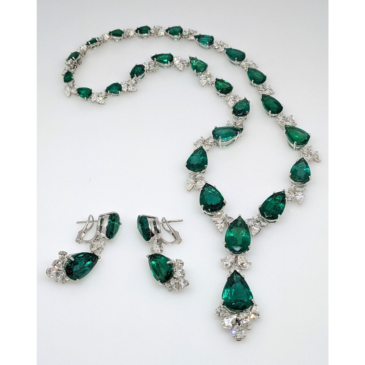 AGL Pear Emerald & Diamond Necklace Earrings Set in 18k White Gold