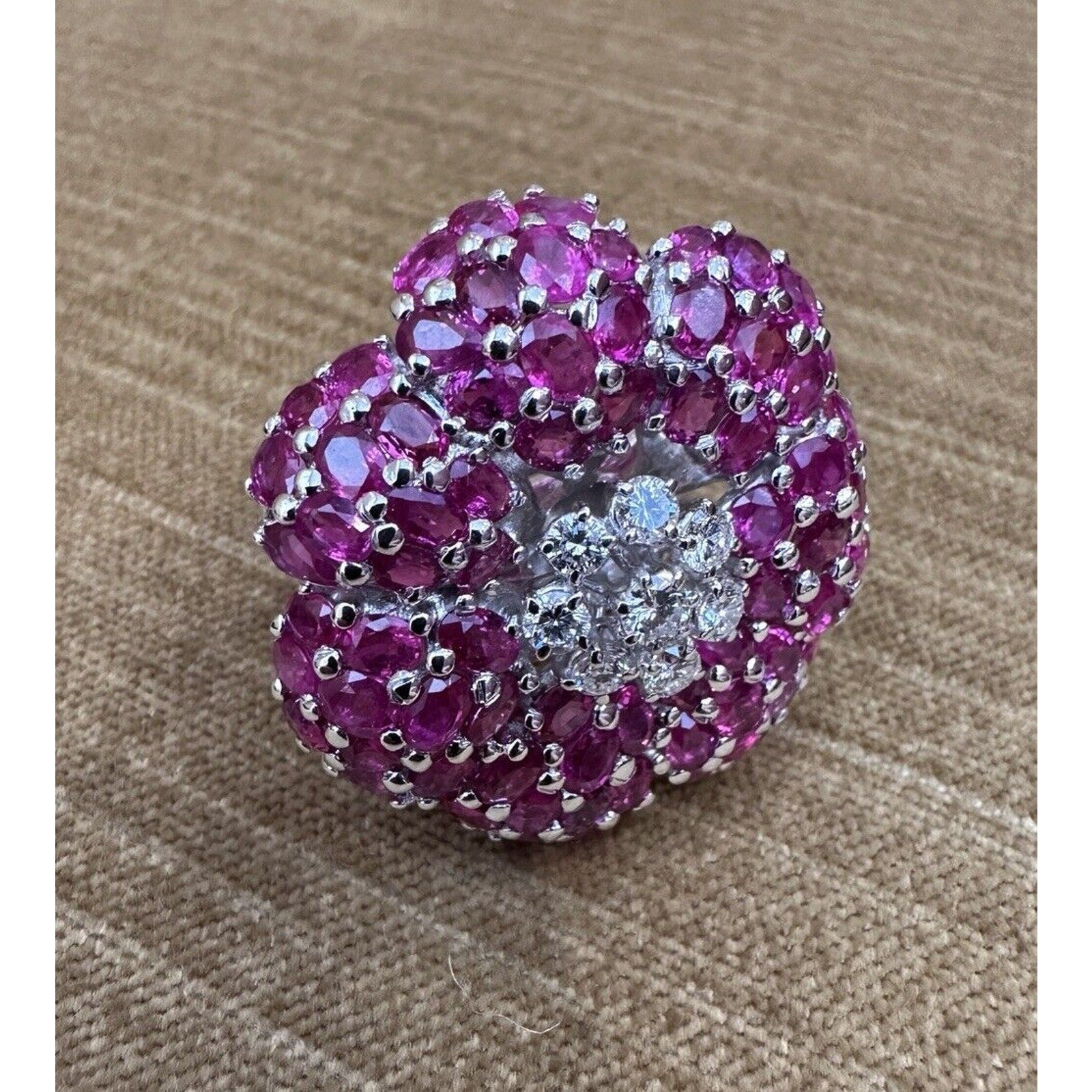 Large Ruby and Diamond Flower Cocktail Ring in 18k White Gold