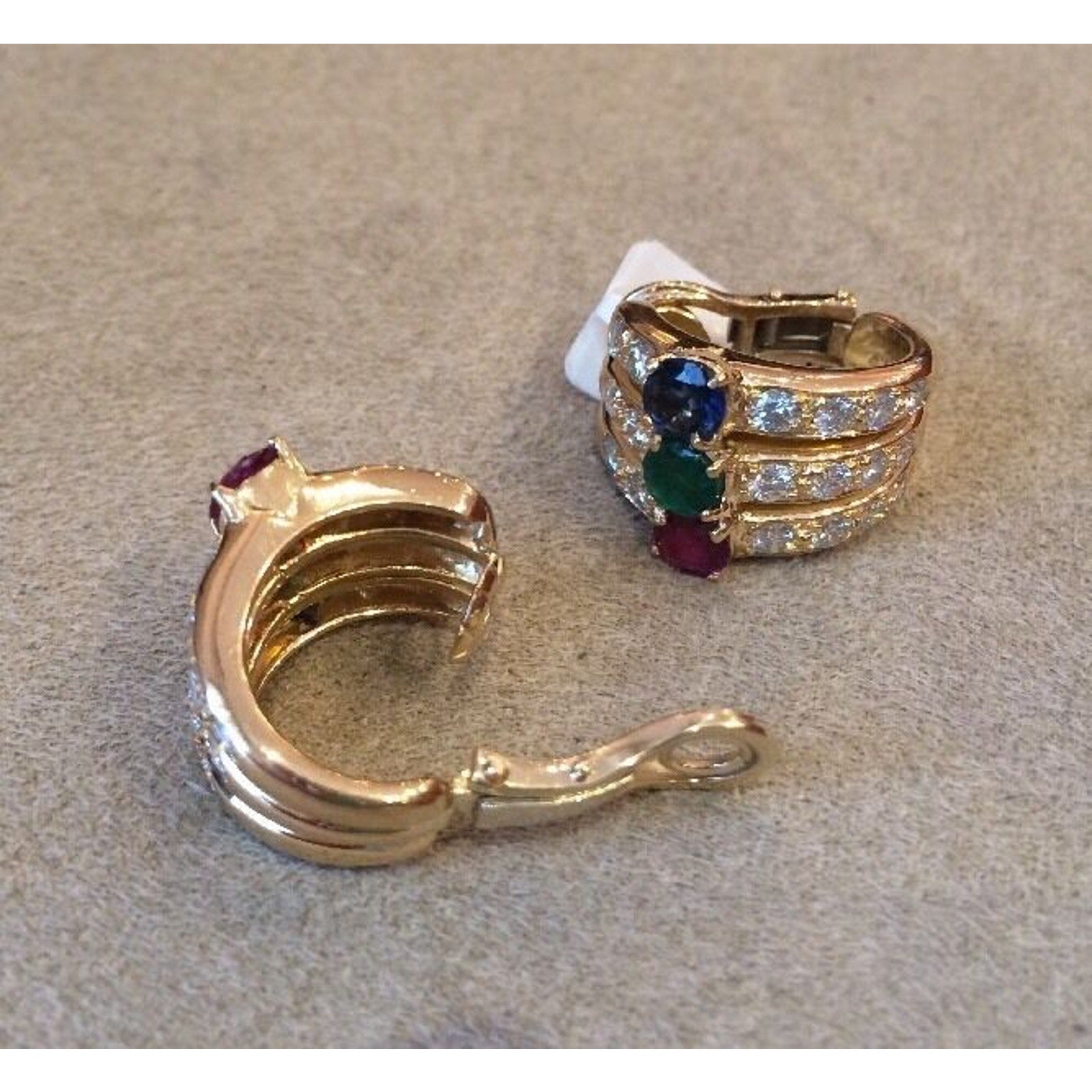 Diamond, Ruby, Emerald, Sapphire Half Hoop Earrings in 18k Yellow Gold