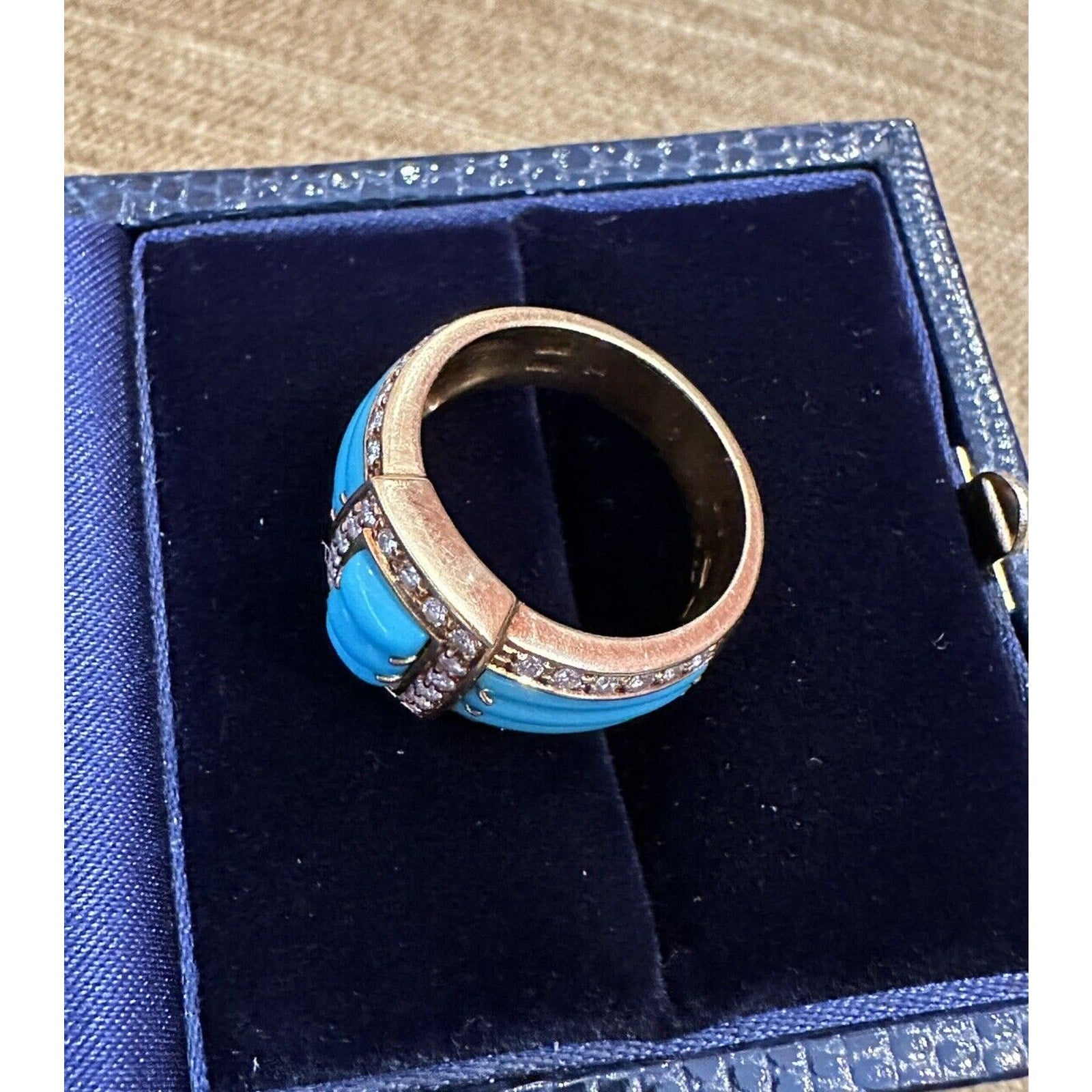 Estate Turquoise and Diamond Band Ring in 18k Yellow Gold