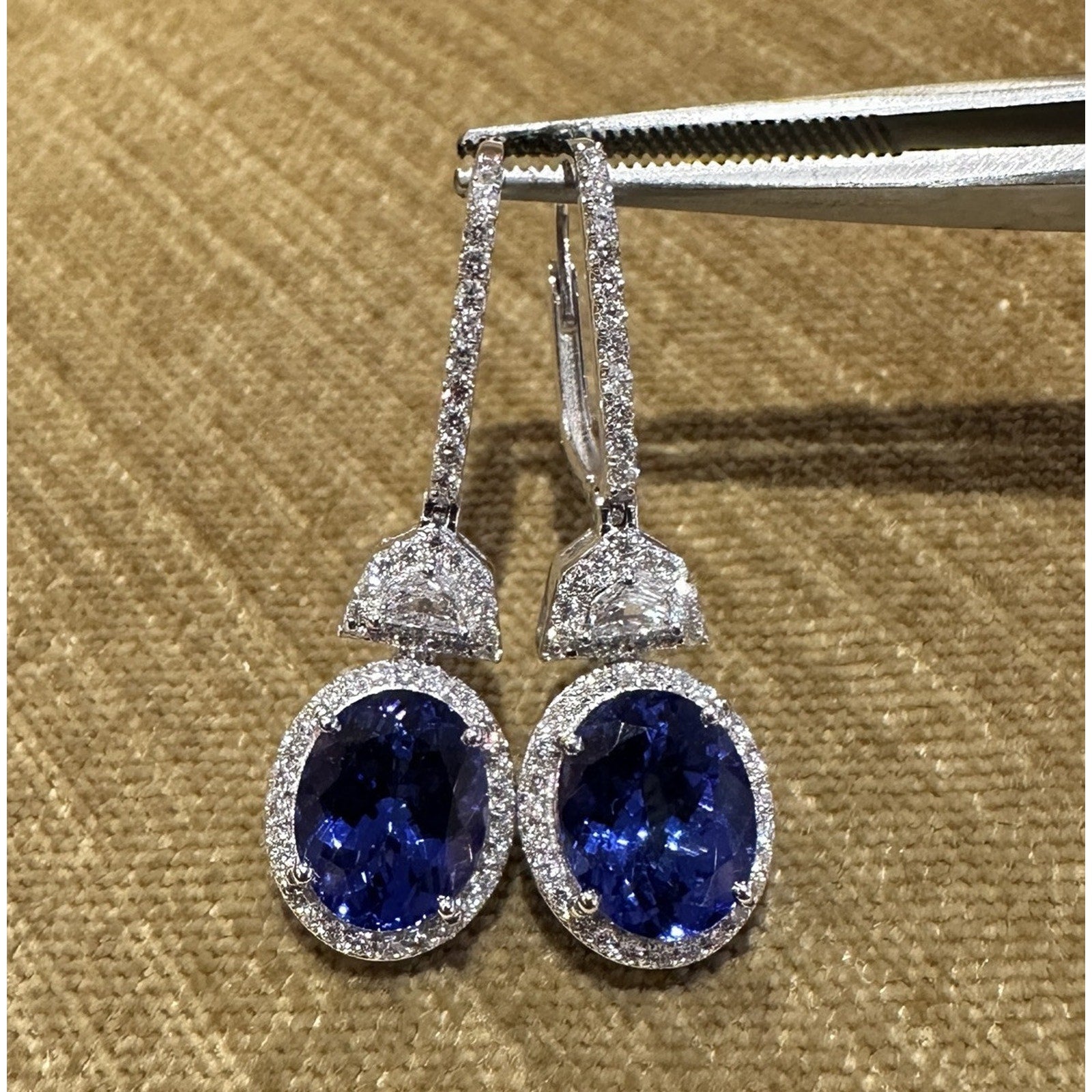Oval Tanzanite & Diamond Drop Earrings in 18k White Gold