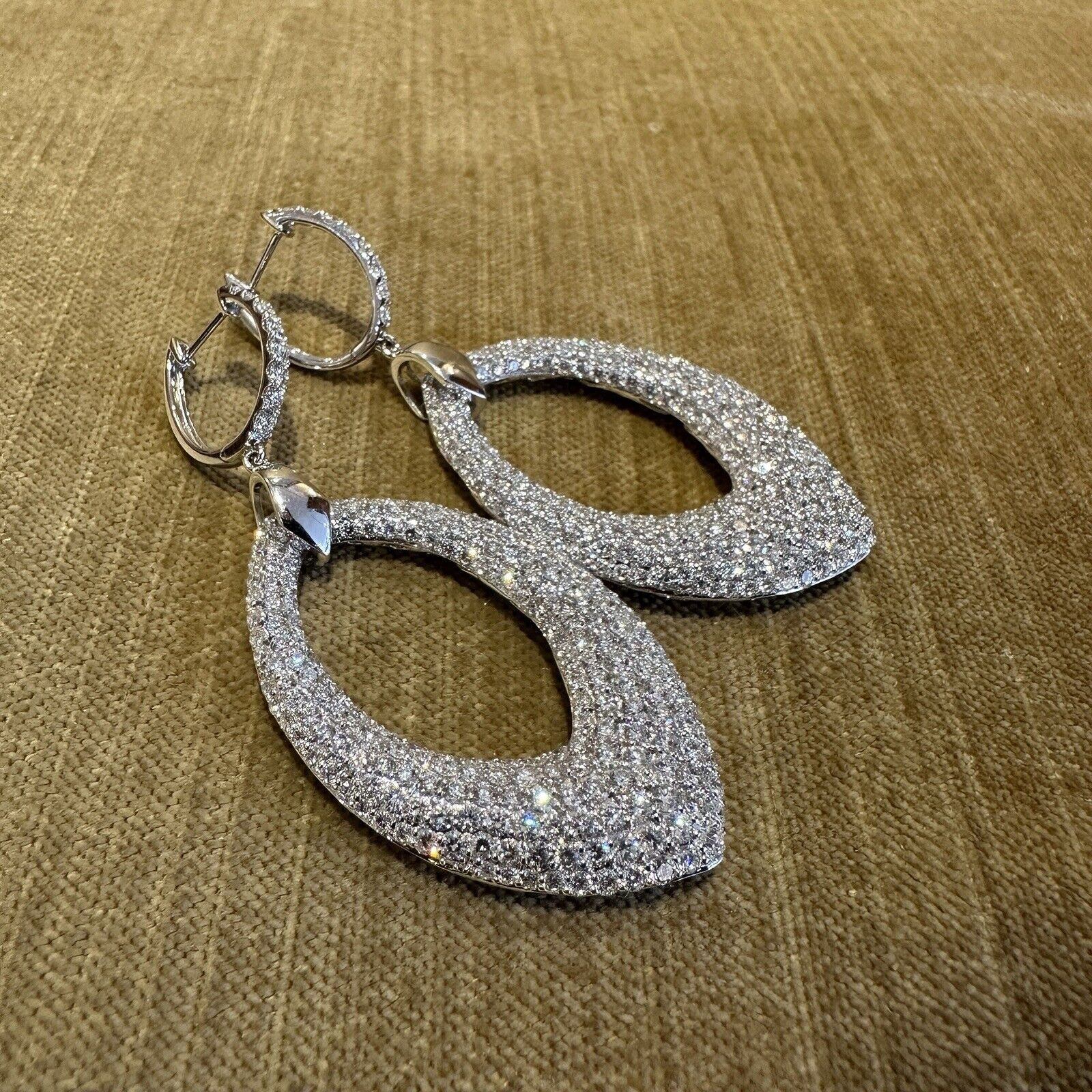 Large Pave Diamond Drop Earrings 10.90 cttw in 18k White Gold