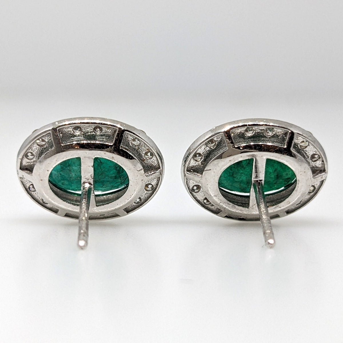 Natural Emerald Oval Stud Earrings with Diamonds in 14k White Gold