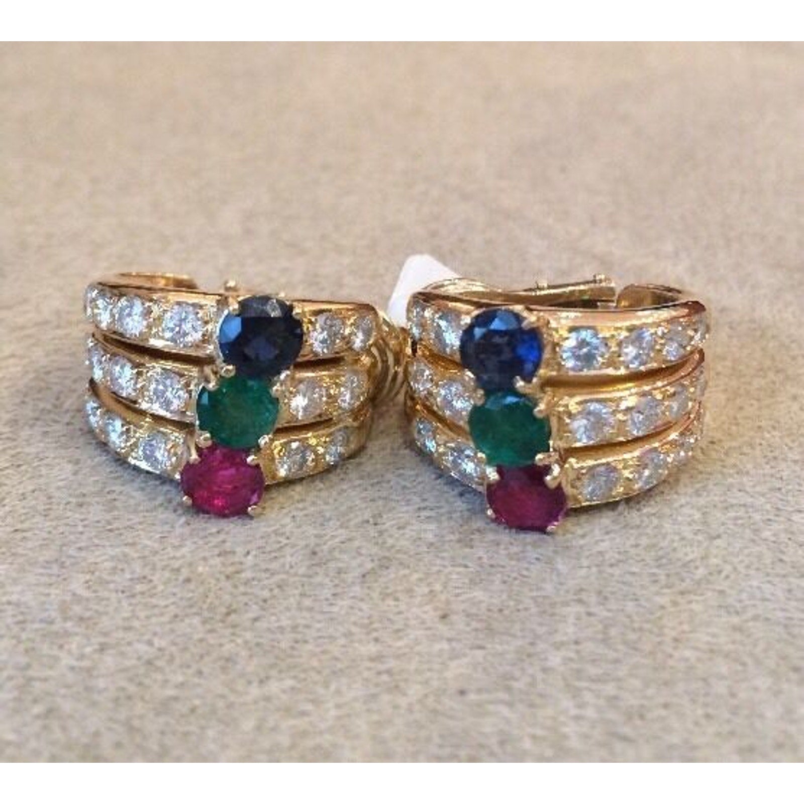Diamond, Ruby, Emerald, Sapphire Half Hoop Earrings in 18k Yellow Gold