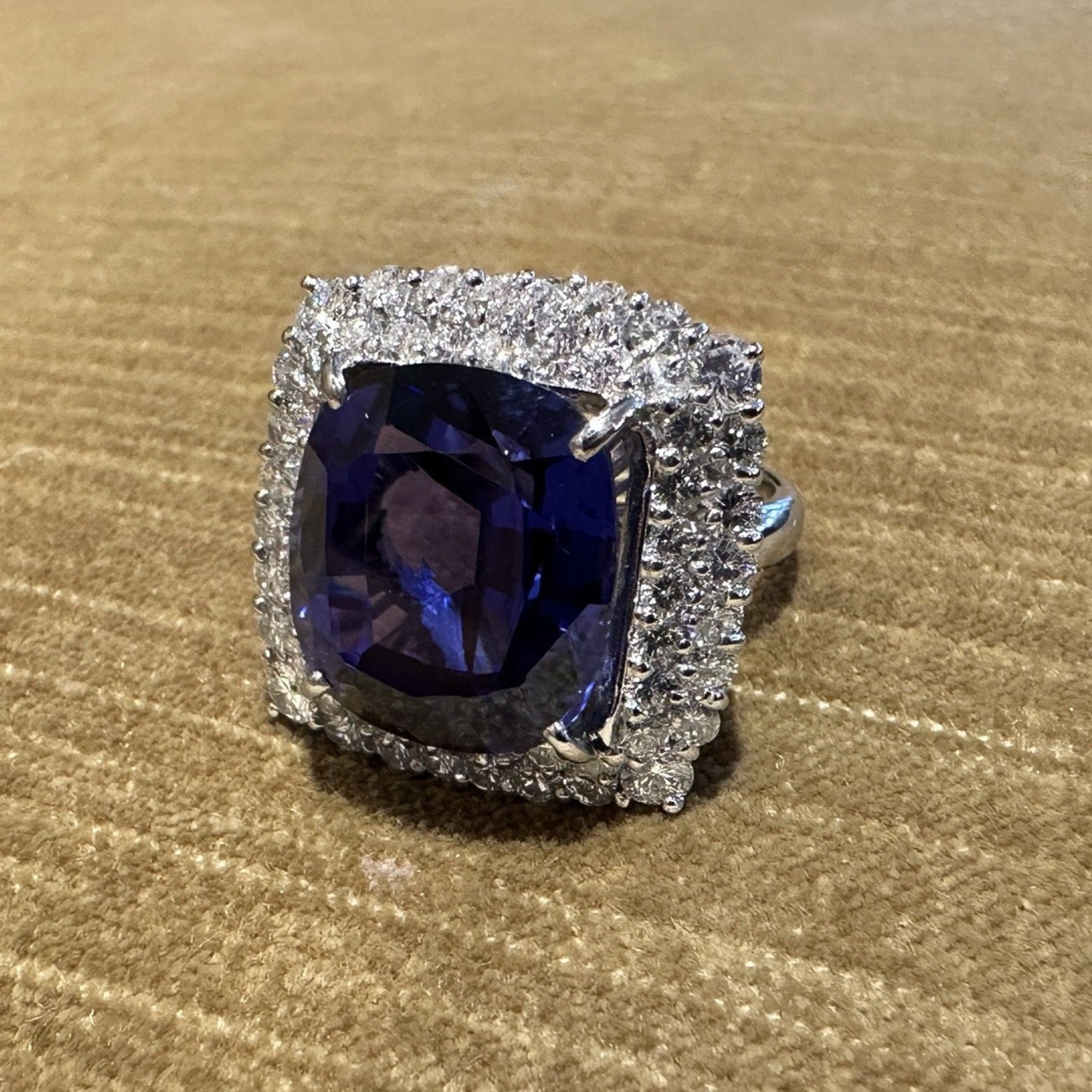 GIA 19.97 carat Cushion Tanzanite Ring with Diamond Halo in Platinum