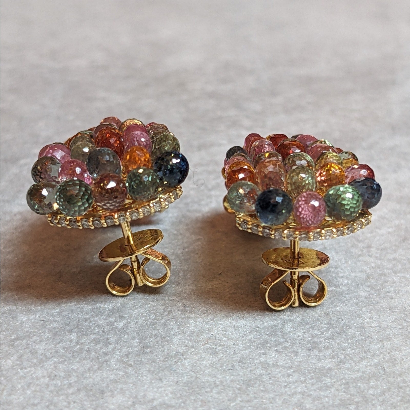 Multicolor Sapphire Briolette and Diamond Earrings in 18k Yellow Gold