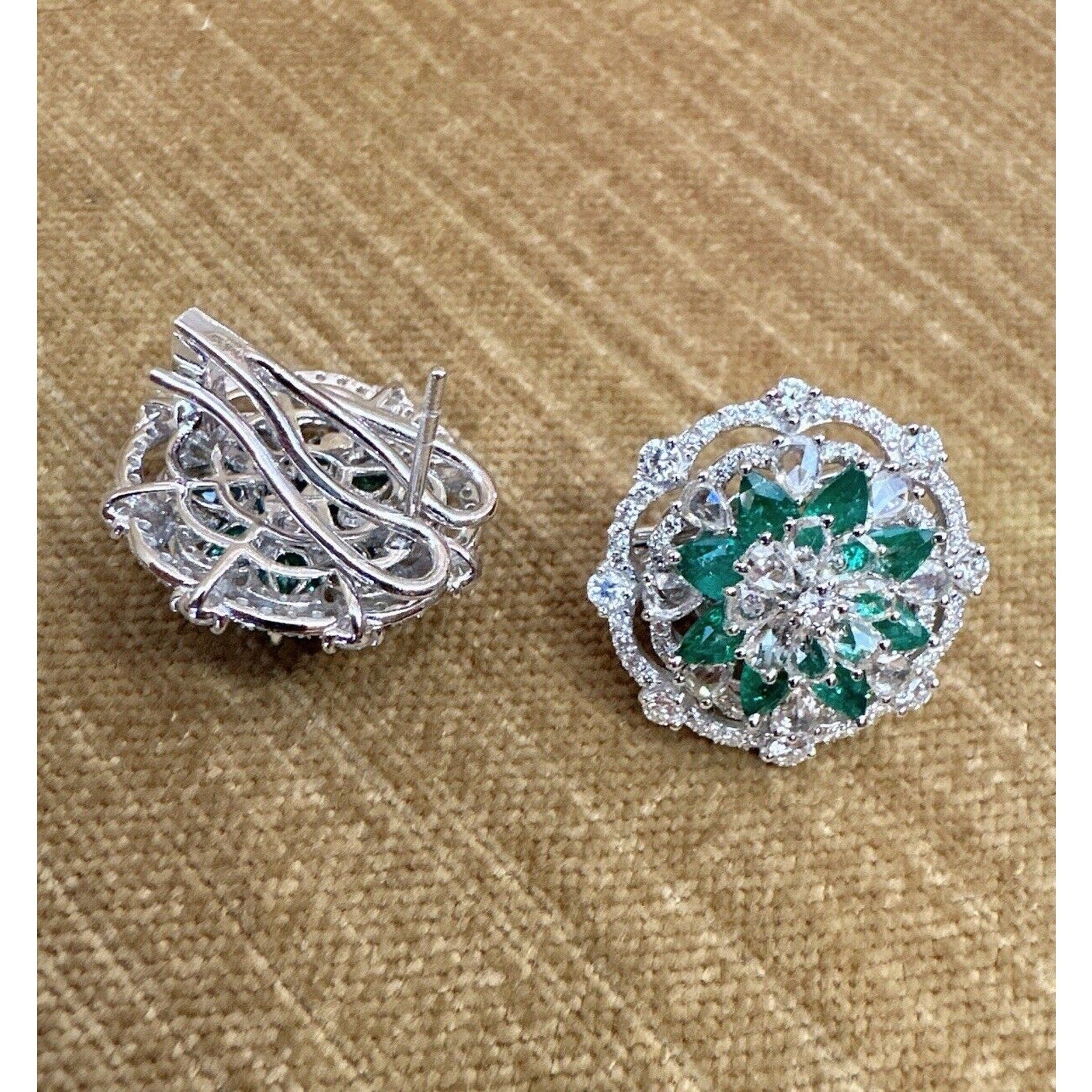 Emerald and Diamond Cluster Flower Button Earrings in 18k White Gold