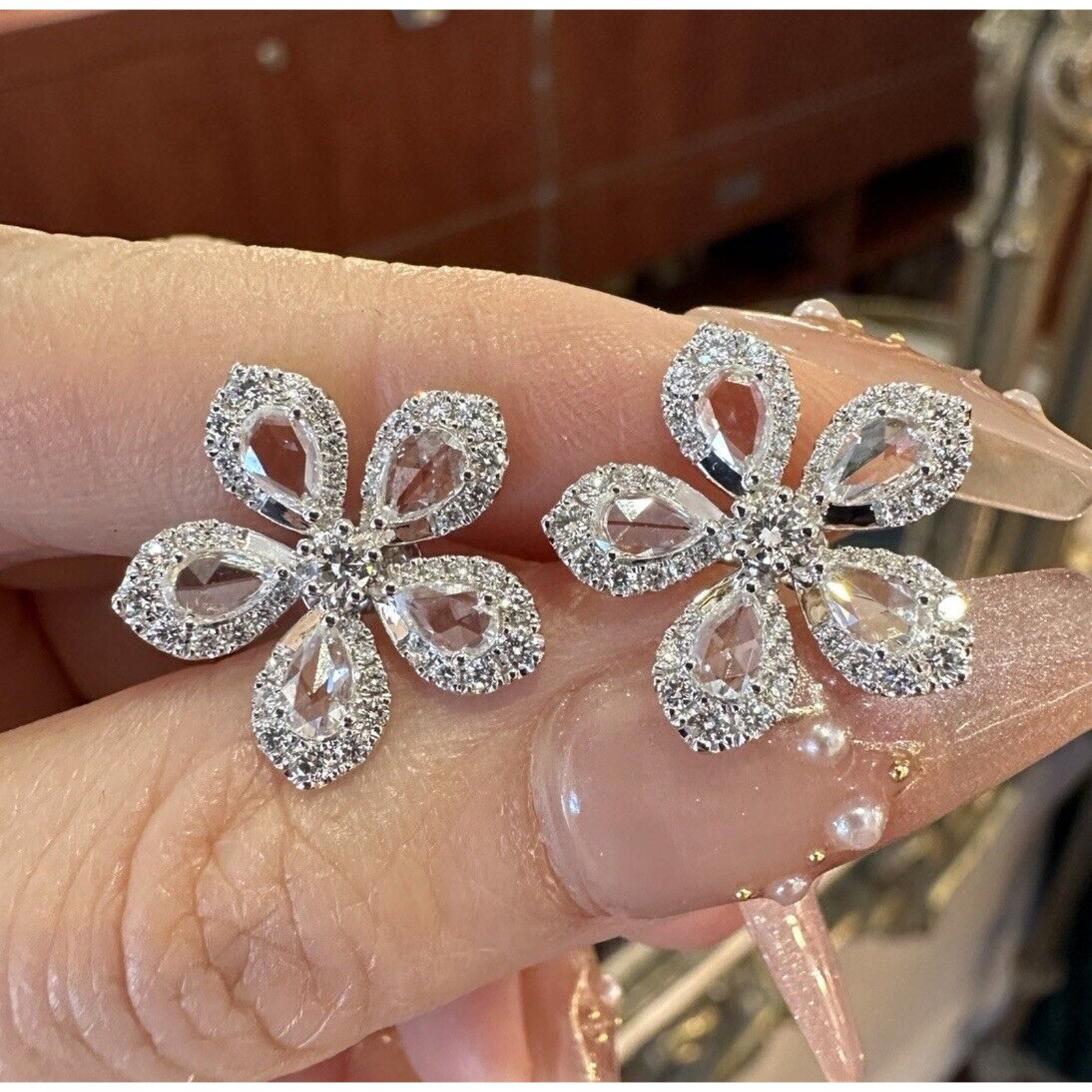 Diamond Flower Earrings with Rose Cuts 2.10 cttw in 18k White Gold