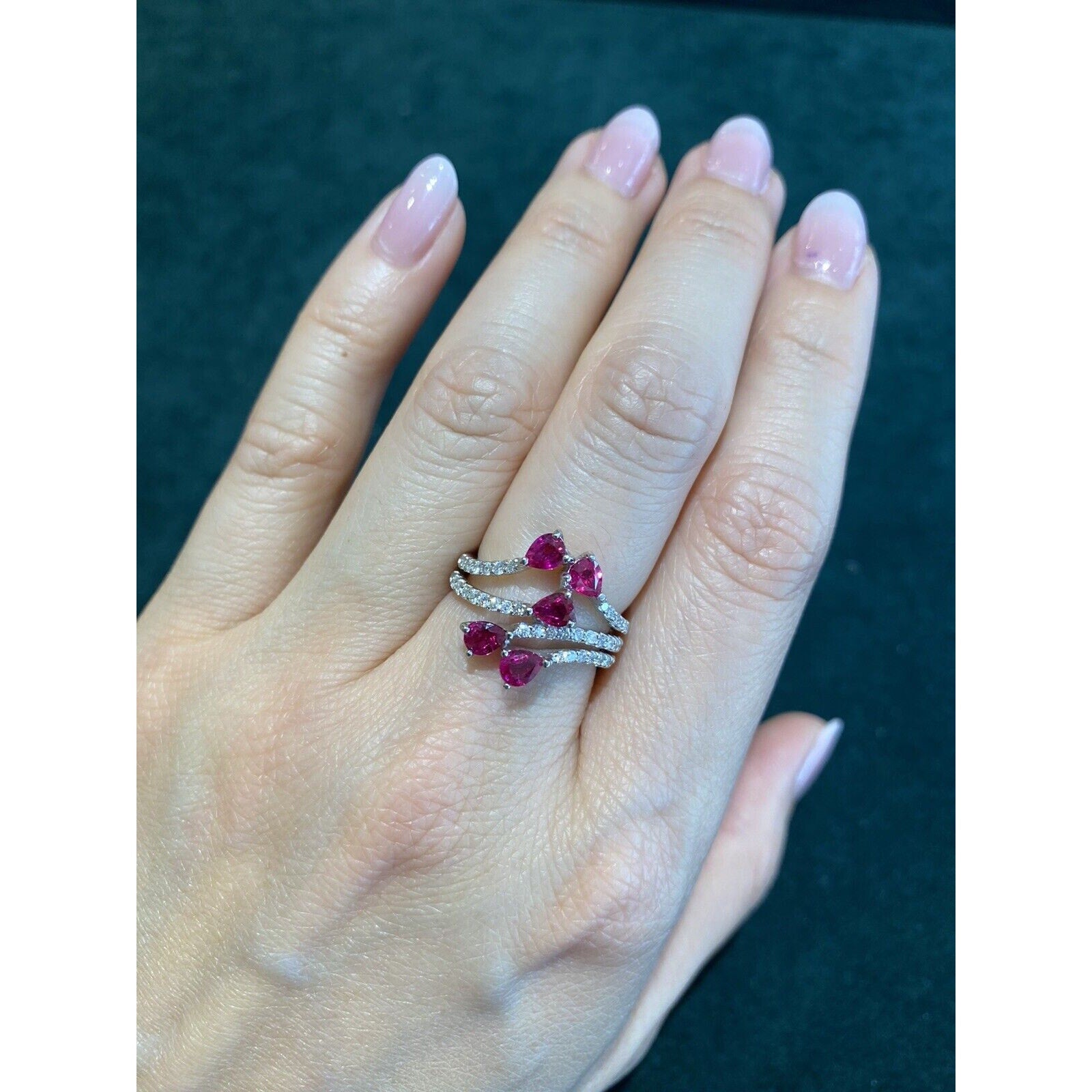 Ruby and Diamond Cluster Ring with Pear Shaped Rubies in Platinum