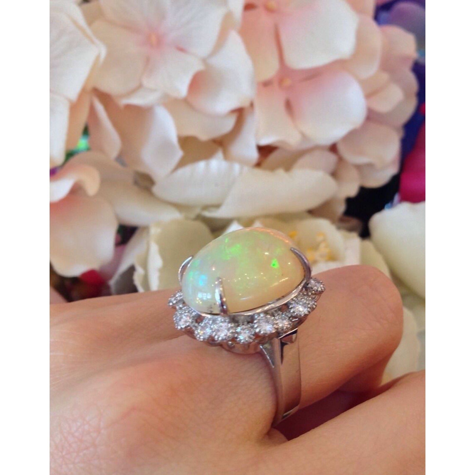 Estate 13.33 carat Natural Opal and Diamond Ring in Platinum